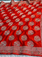Pure Red Mashru Kataan Silk Banarasi Saree with Handwork & Diamond Work – MKS728