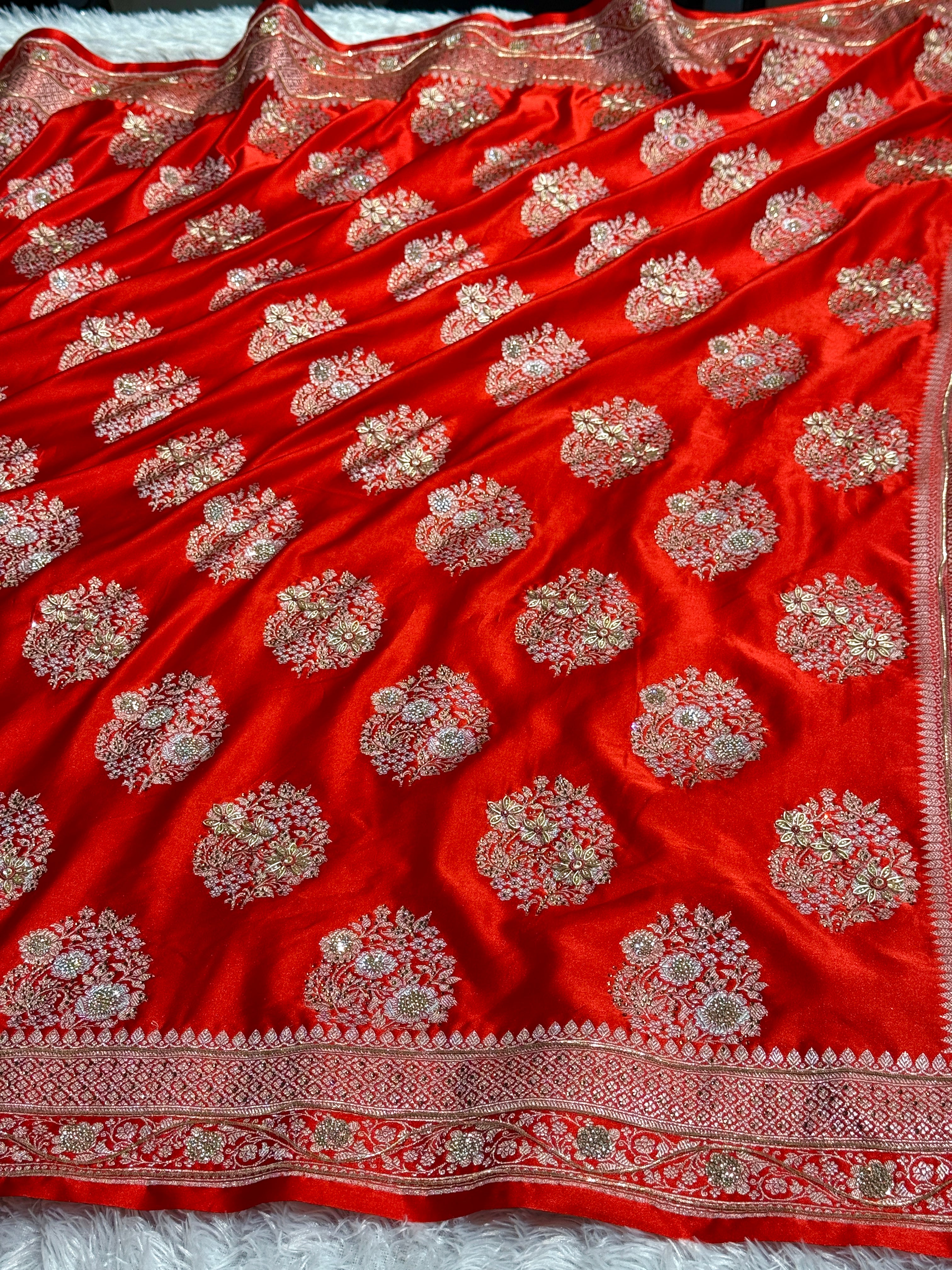 Pure Red Mashru Kataan Silk Banarasi Saree with Handwork & Diamond Work – MKS728
