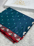 Peacock Green Premium Banarasi Mashru Silk Saree with Buti Woven Pattern & Satin Red Border MKS151