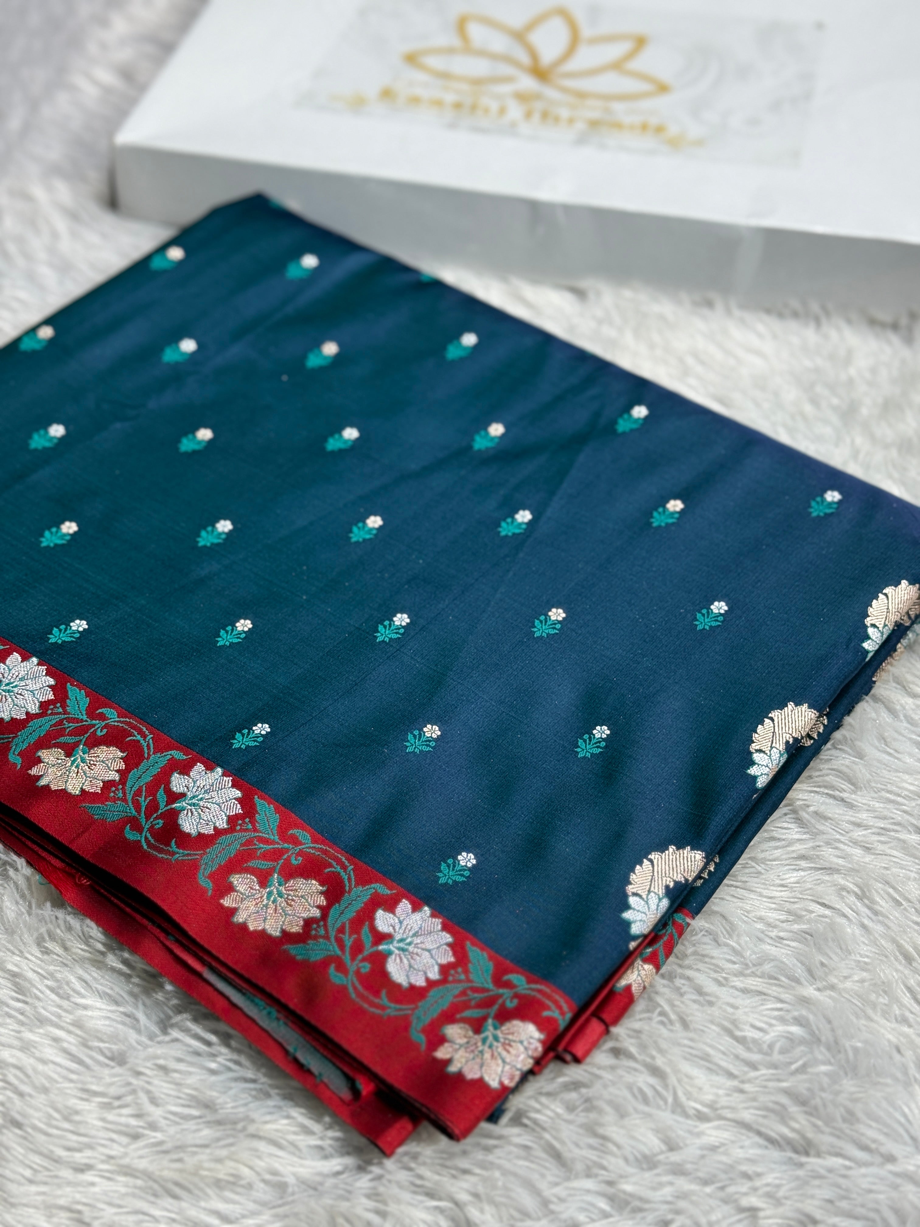 Peacock Green Premium Banarasi Mashru Silk Saree with Buti Woven Pattern & Satin Red Border MKS151