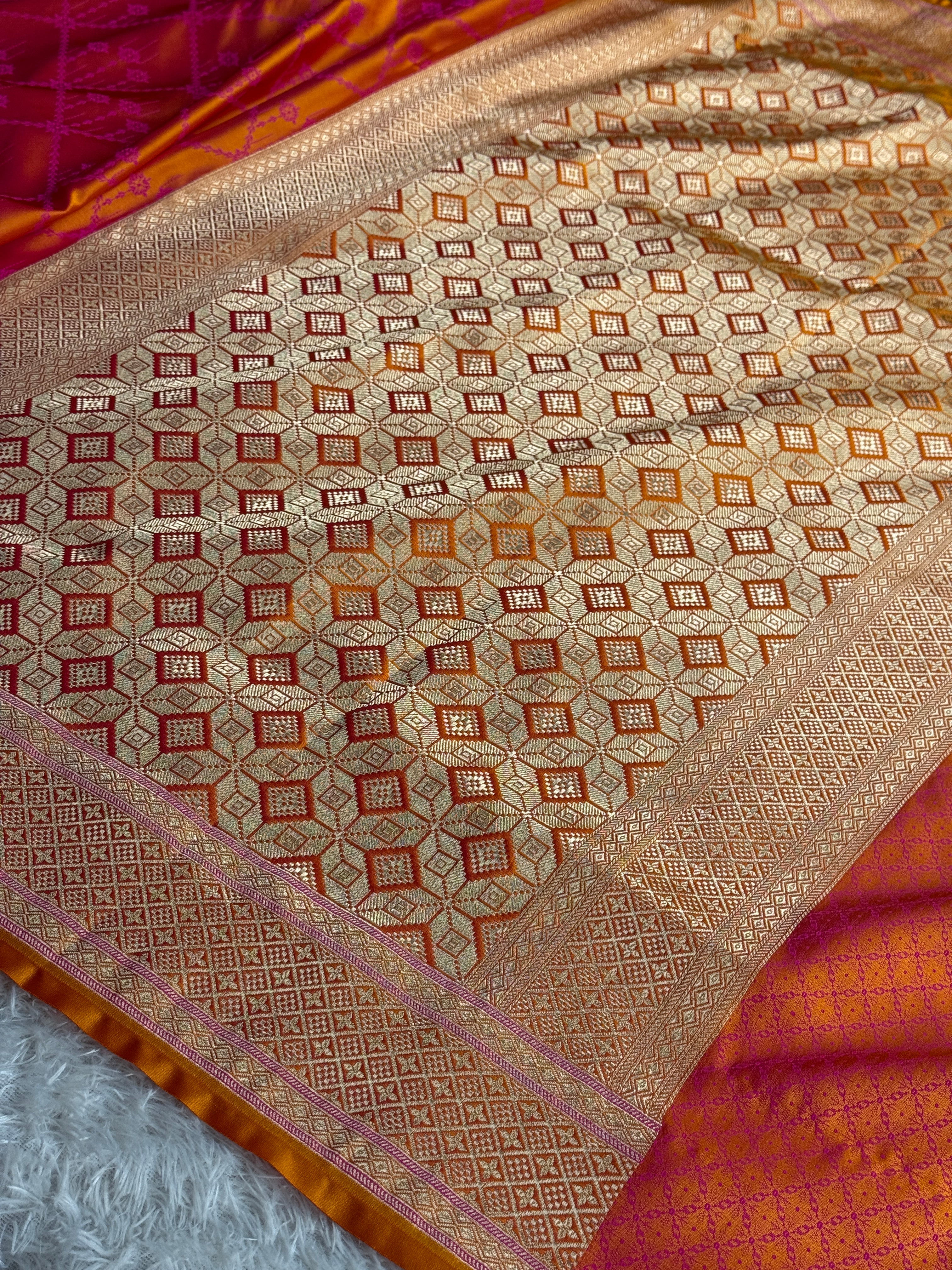 Soft Kataan Silk Banarasi Saree – Yellow Rani Dual Shade | MKS636