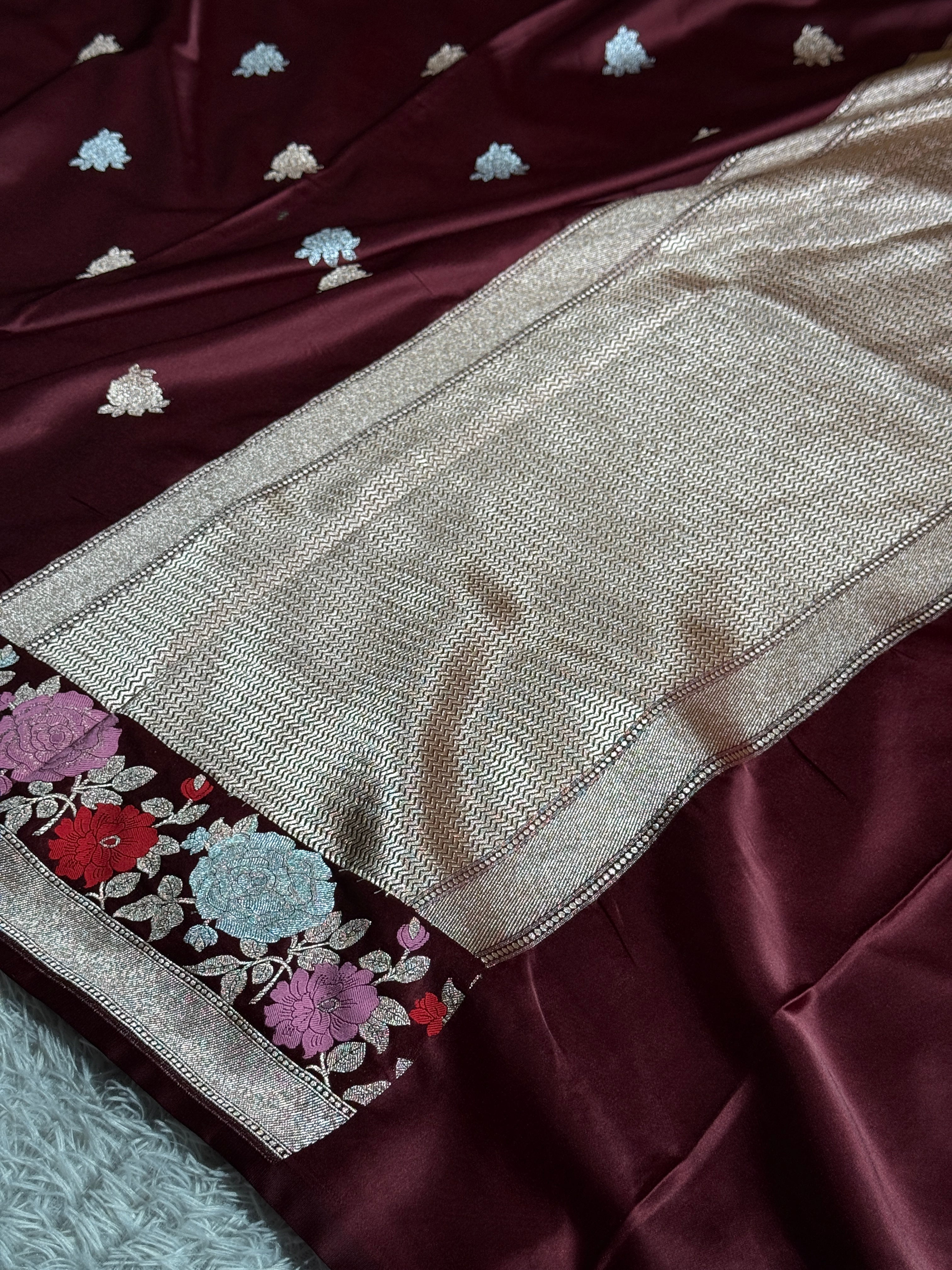 Maroon Mashru Kataan Silk Saree with Zari Buta & Meenakari Border | Rich Zari Pallu | MKS507