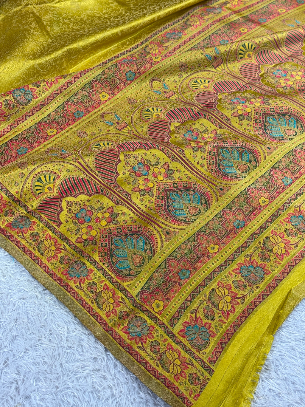 🍋 Lemon Yellow Embossed Kanchi Tissue Soft Silk Saree with Tilfi Meenakari Pallu & Border MKS401