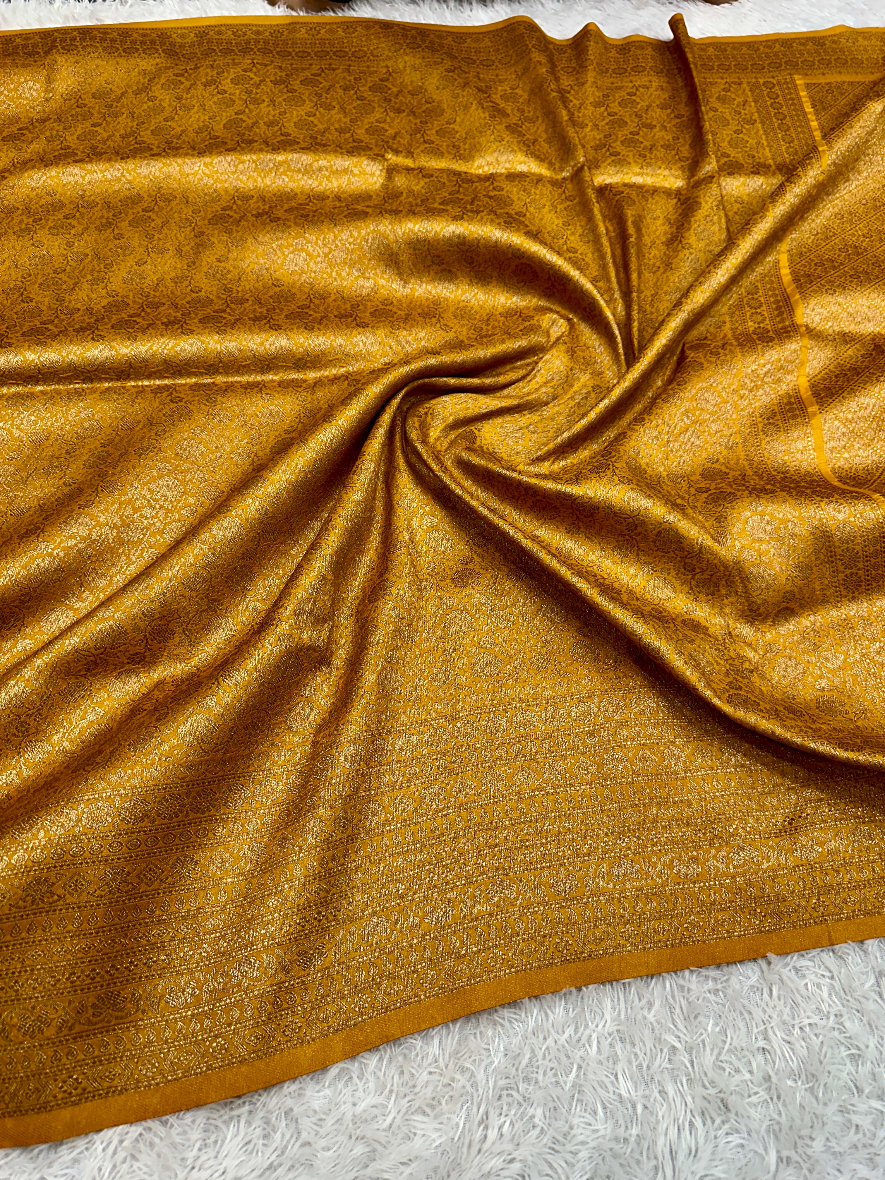 Mustard Yellow Banarasi Dupion Silk Saree with Embossed Antique Zari Weaving & Rich Antique Zari Pallu | STF61