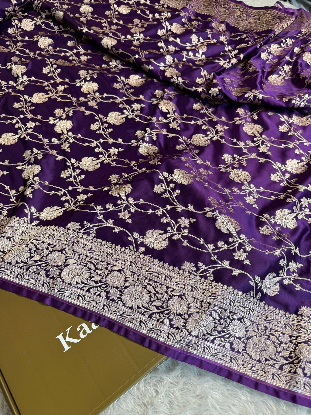 Violet Banarasi Mashru Silk Saree with Jacquard Woven Floral Jaal Design MKS076