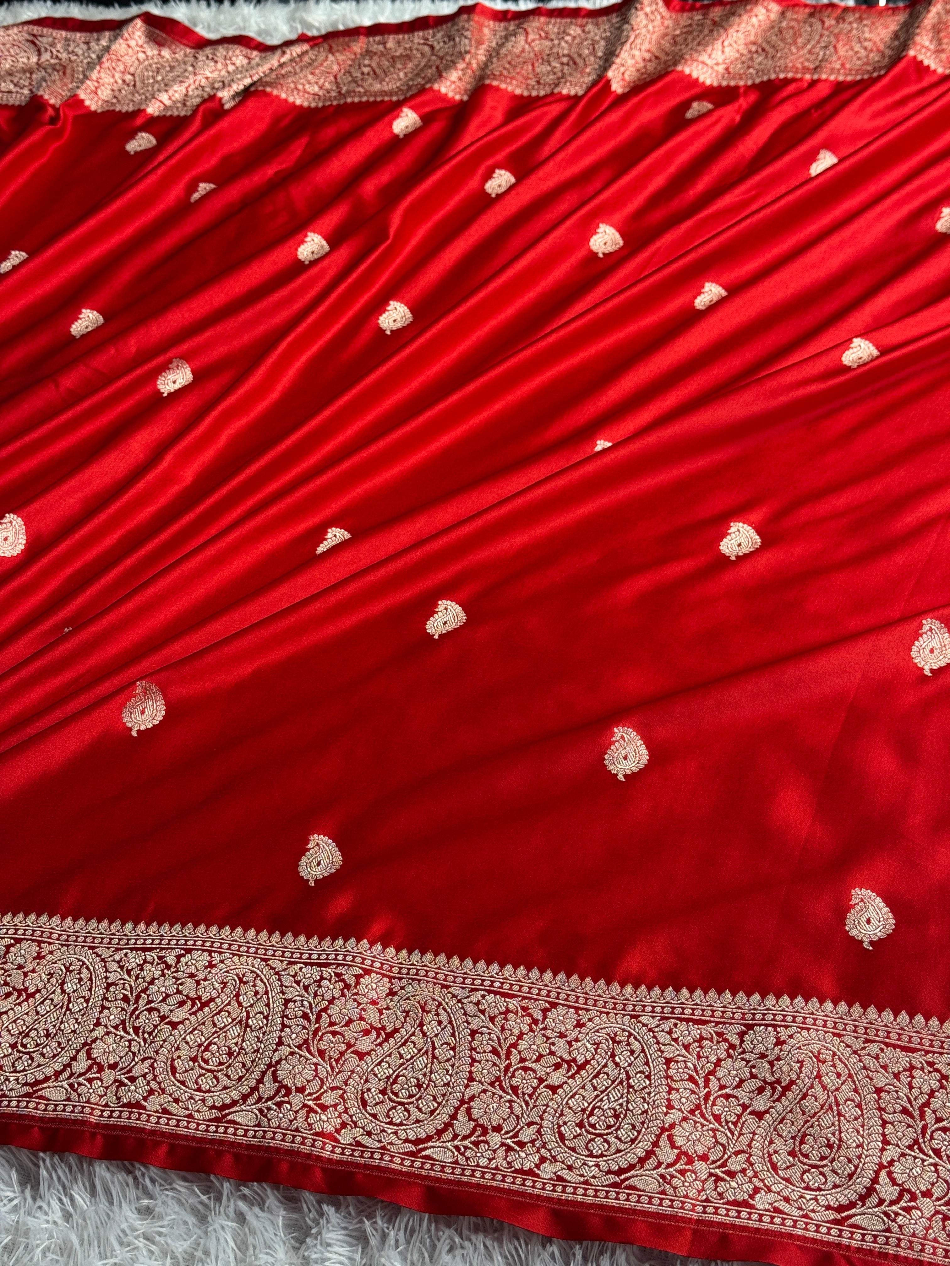 Red Mashru Kataan Silk Saree with All Over Buta Woven Design & Rich Zari Pallu | MKS698