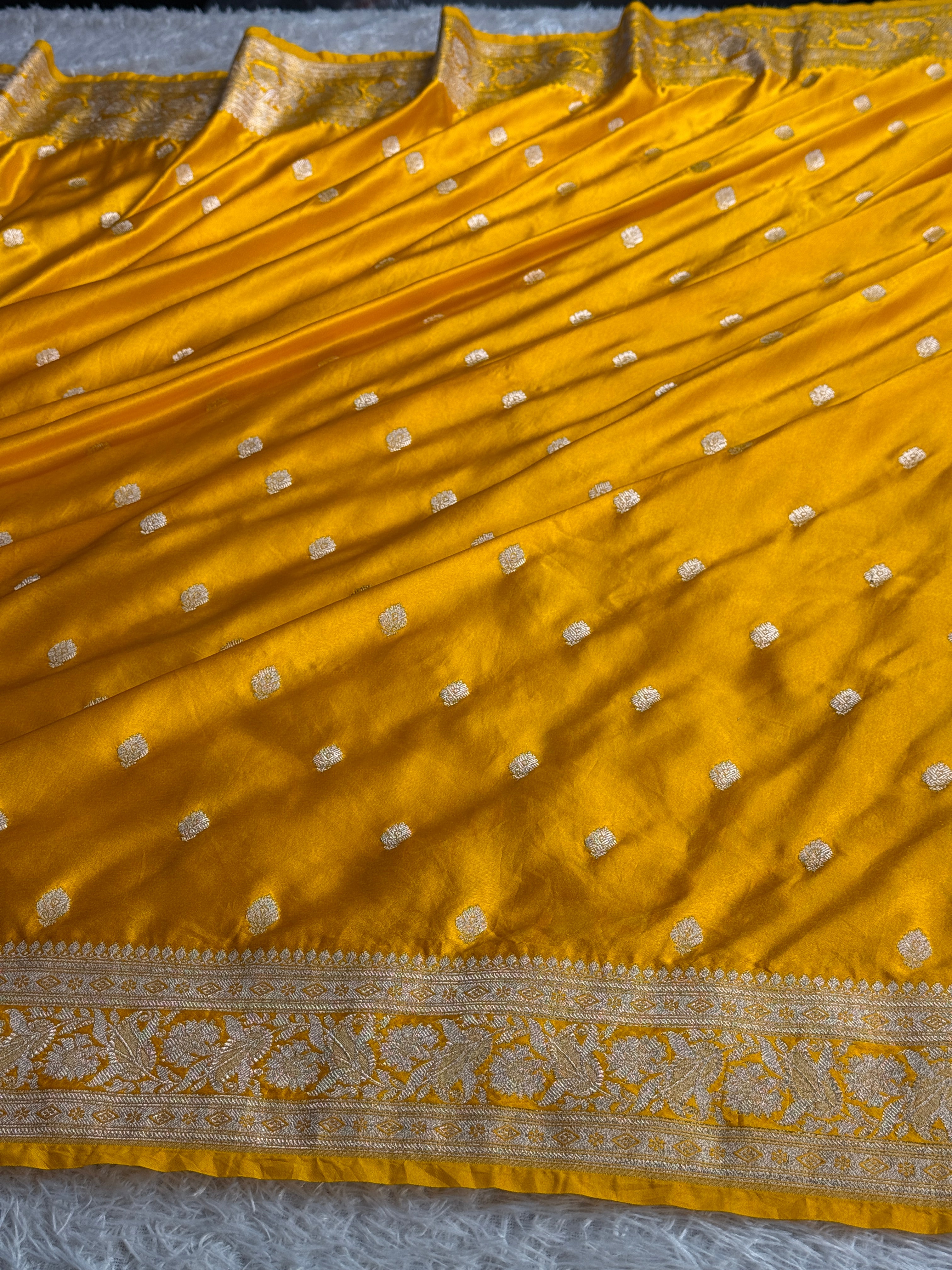 Mustard Yellow Banarasi Mashru Kataan Silk Saree with Zari Buta Weaving | Rich Zari Pallu | MKS637 | Kaashi Threads