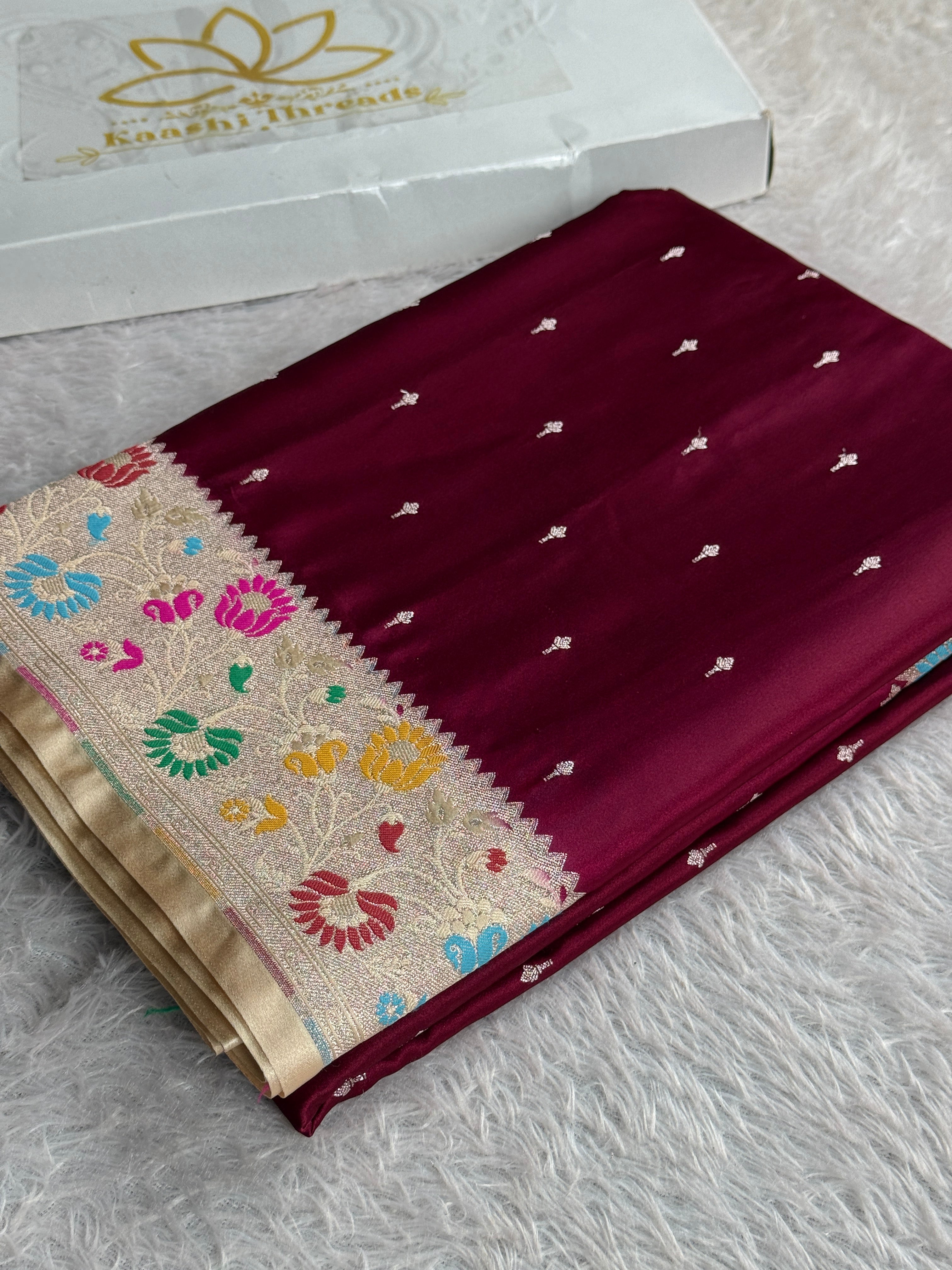 Royal Maroon Beige Mashru Kataan Silk Saree | Pathani Border Elegance | MKS654