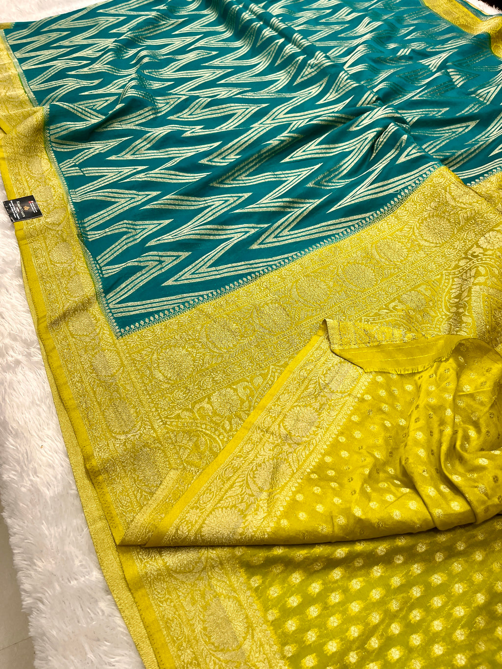 Chinon Silk Zig Zag Design Sea green with yellow Color Saree CN09