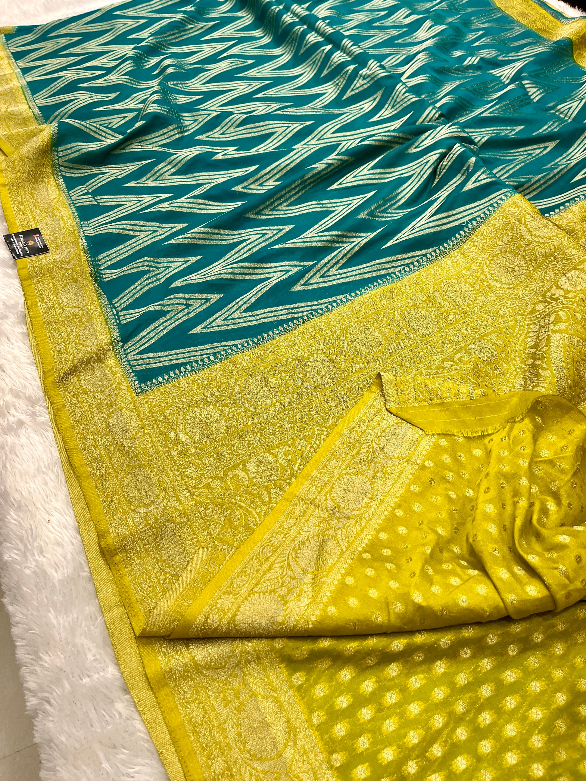 Chinon Silk Zig Zag Design Sea green with yellow Color Saree CN09