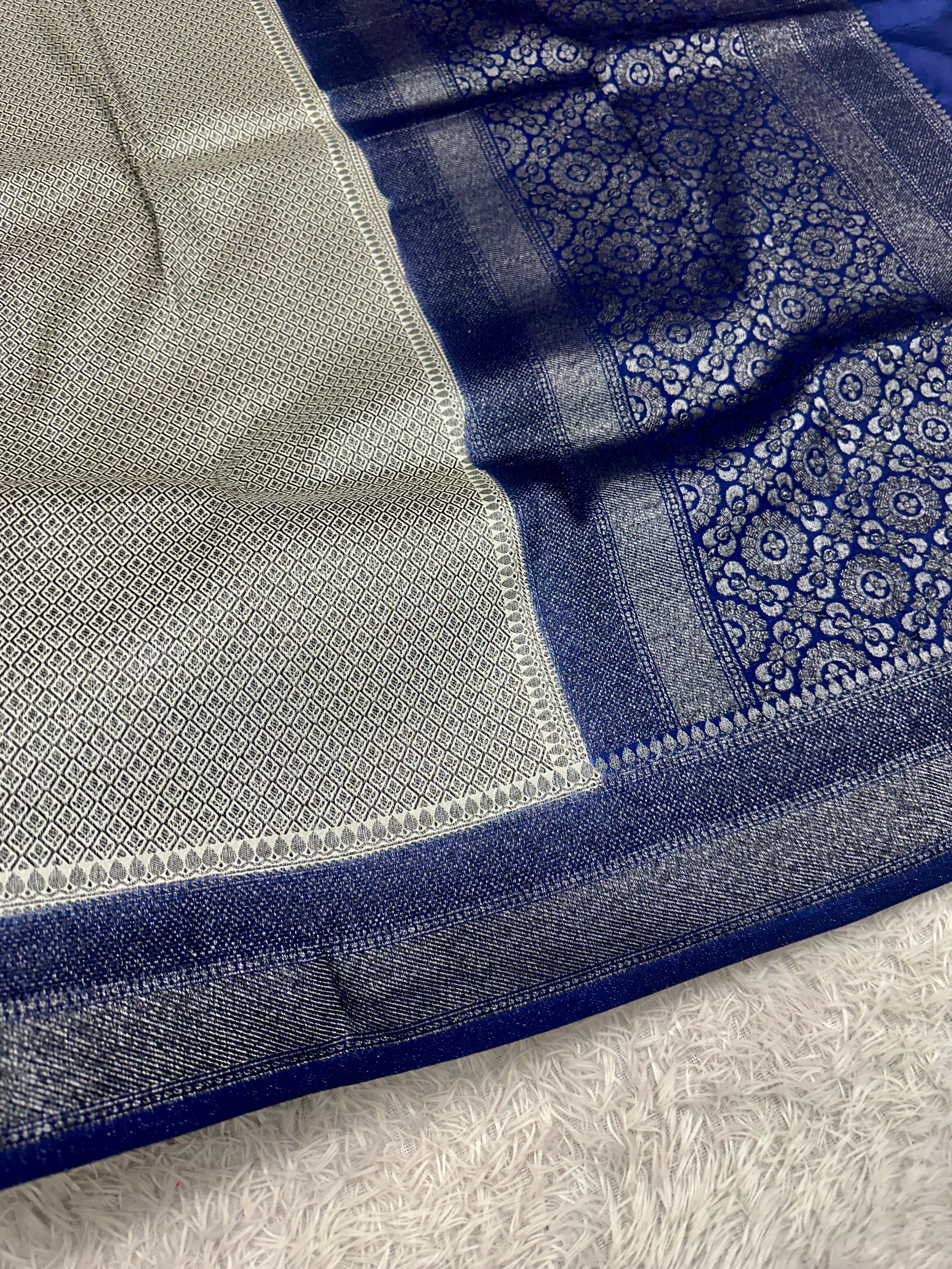STF46 – Graceful Cream Dupion Saree with Silver-Black Antique Zari Weaving