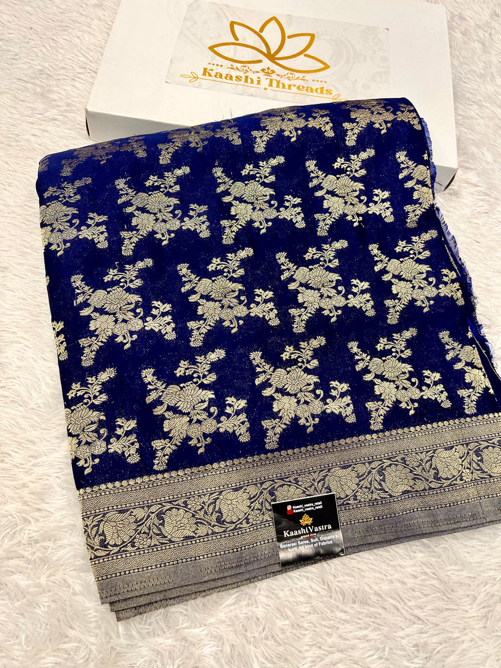 Chinon Silk Flower Design Navy Blue Color Saree CN04