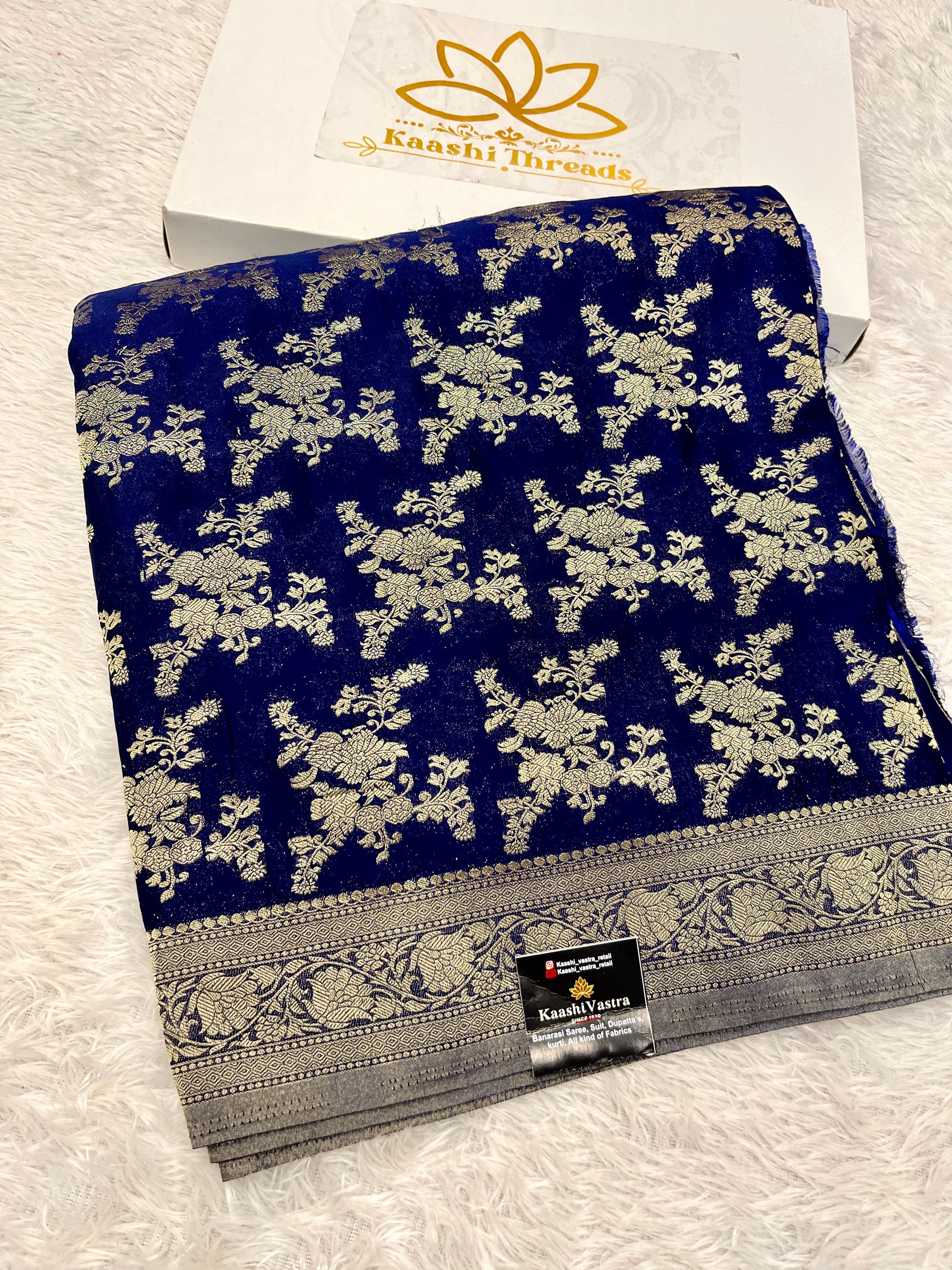 Chinon Silk Flower Design Navy Blue Color Saree CN04