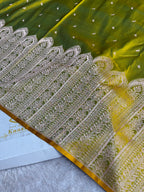 Mehandi Yellow Dual Shade Mashru Kataan Silk Saree with Mughalai Border | MKS657