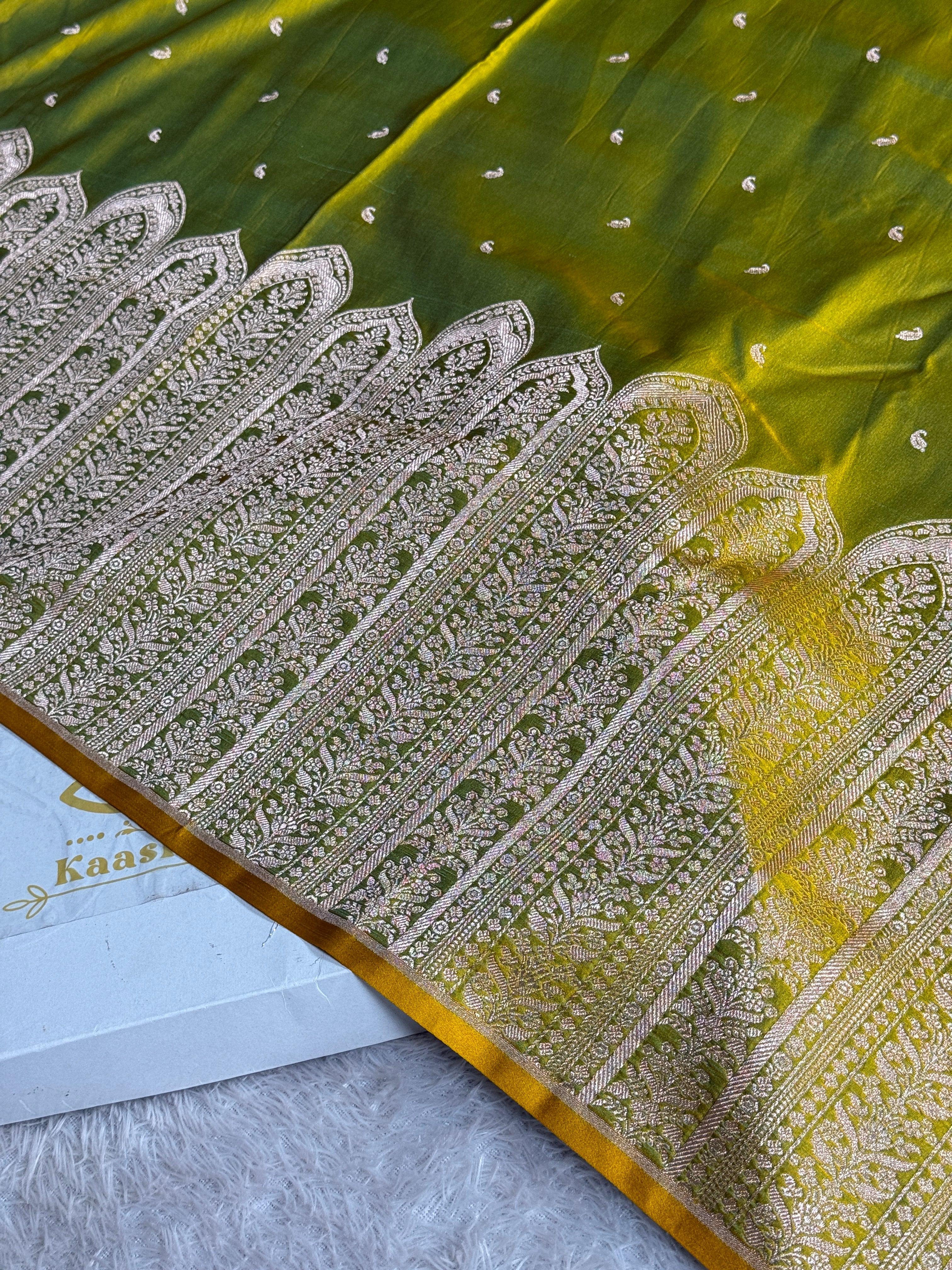 Mehandi Yellow Dual Shade Mashru Kataan Silk Saree with Mughalai Border | MKS657