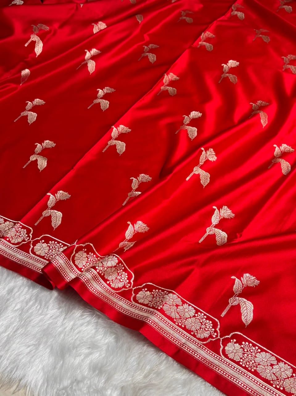 Banarasi Mashru Kataan Silk Saree Featuring Flower Buta Design with Ikkat Border and Zari Pallu – MKS409