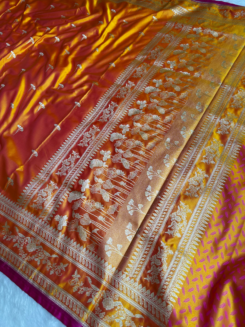 Yellow Banarasi Mashru Silk Saree with Jacquard Woven Floral Buta & Subtle Zari Accents
