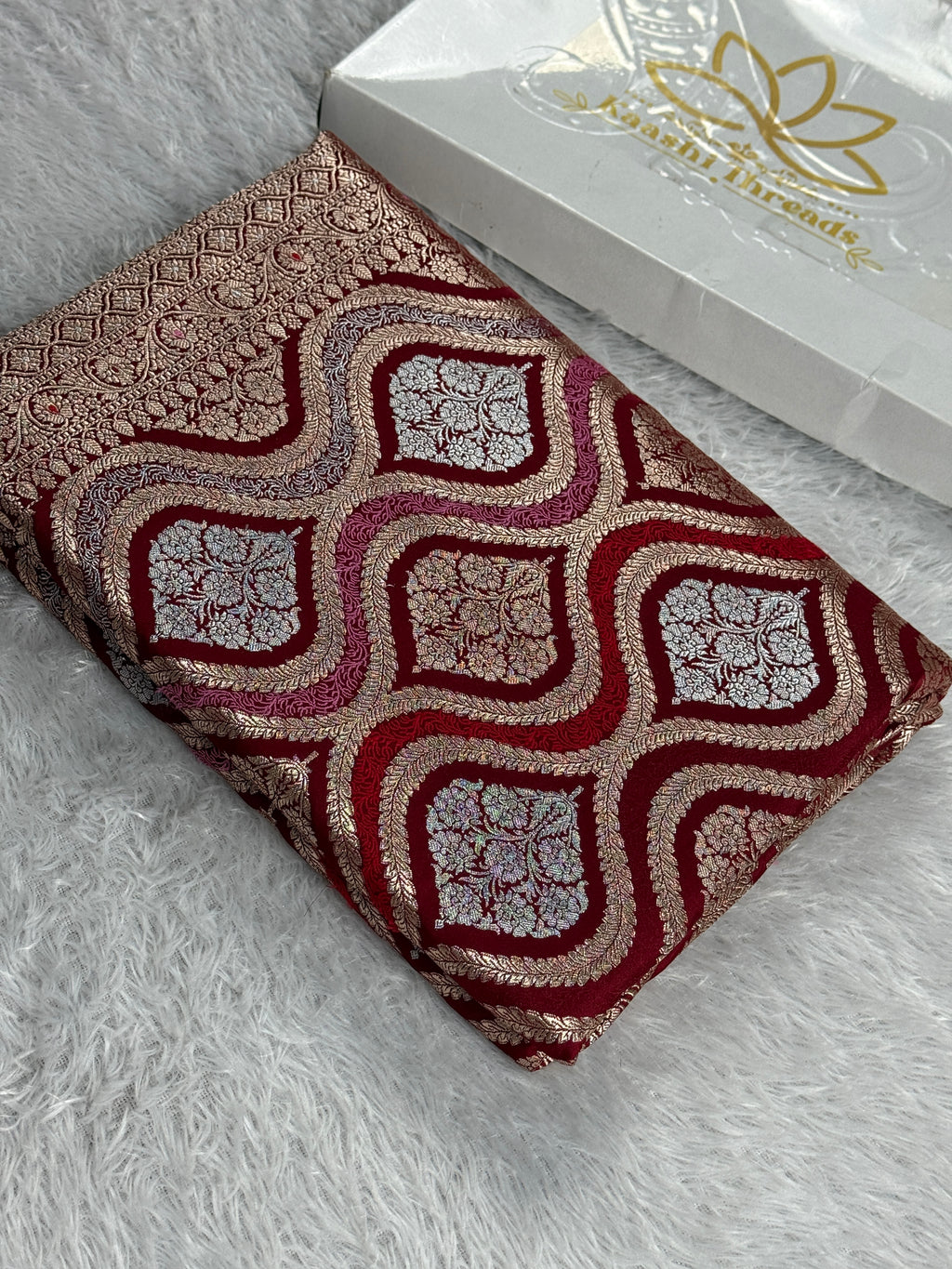 Elegant Maroon Mashru Kataan Silk Banarasi Saree with Traditional Zari Jaal Pattern | Kaashi Threads MKS403
