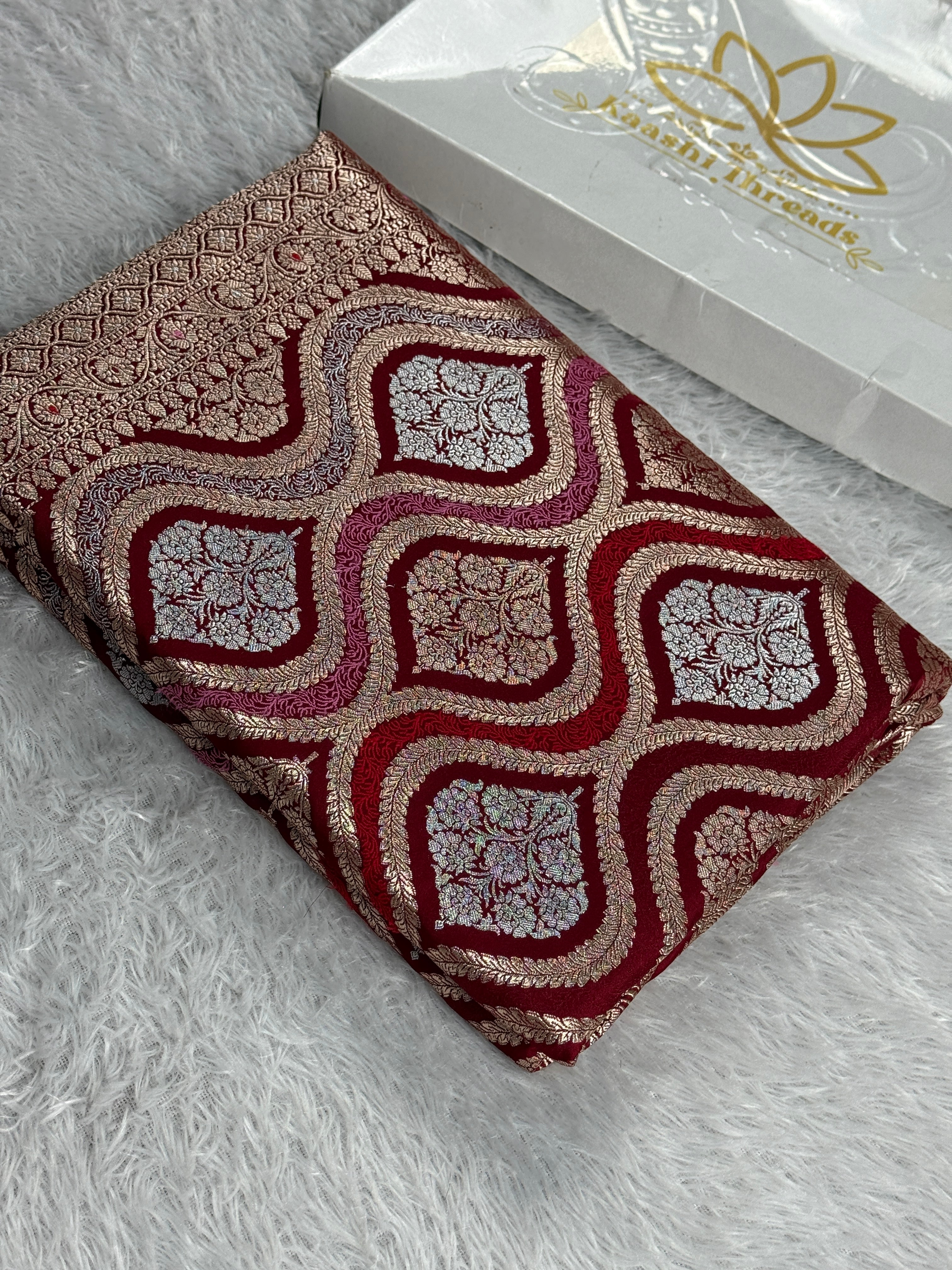Elegant Maroon Mashru Kataan Silk Banarasi Saree with Traditional Zari Jaal Pattern | Kaashi Threads MKS403