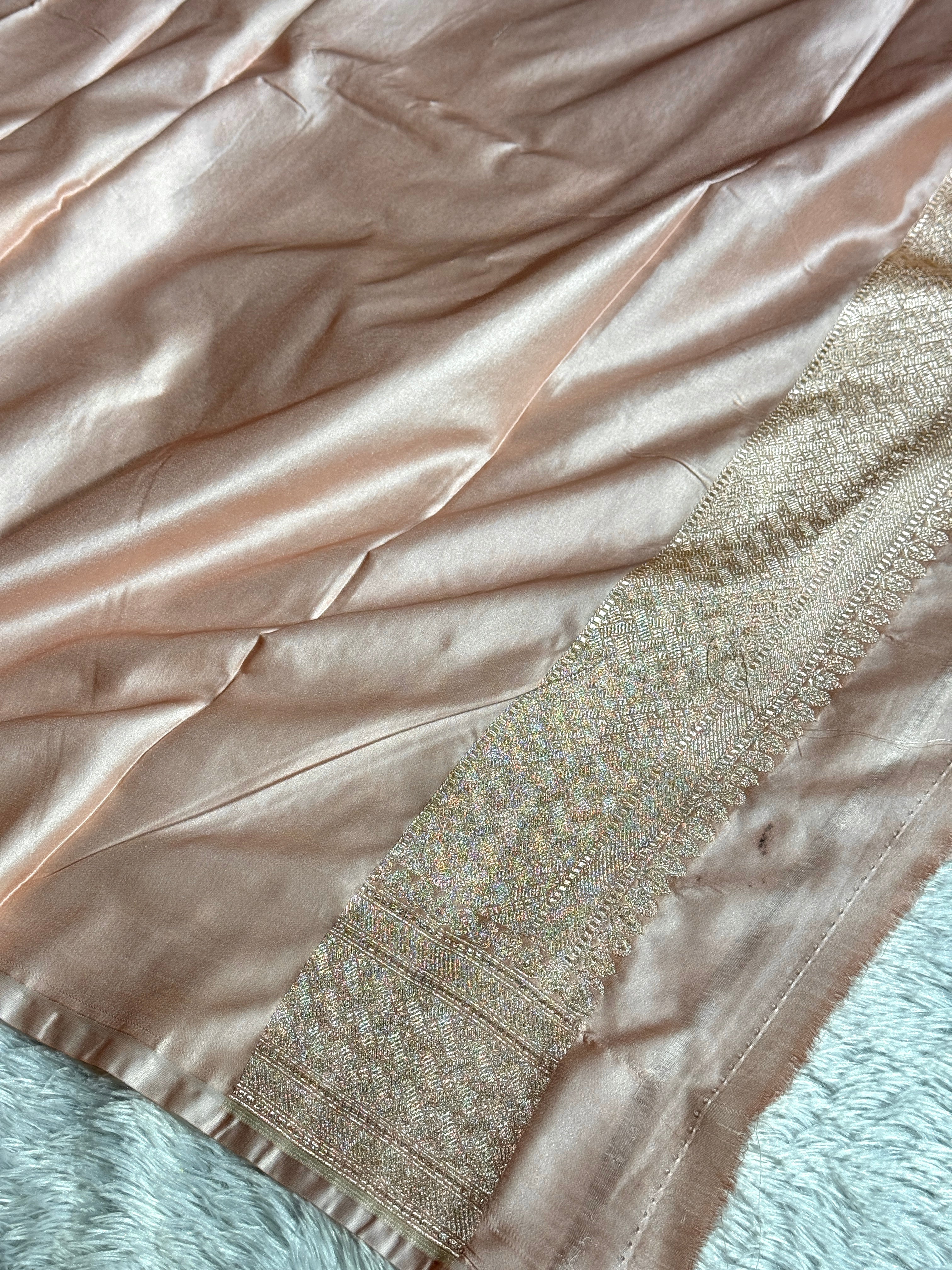 Blush Peach Mashru Kataan Silk Saree with Jaal Meenakari Weaving & Rich Zari Pallu – MKS517