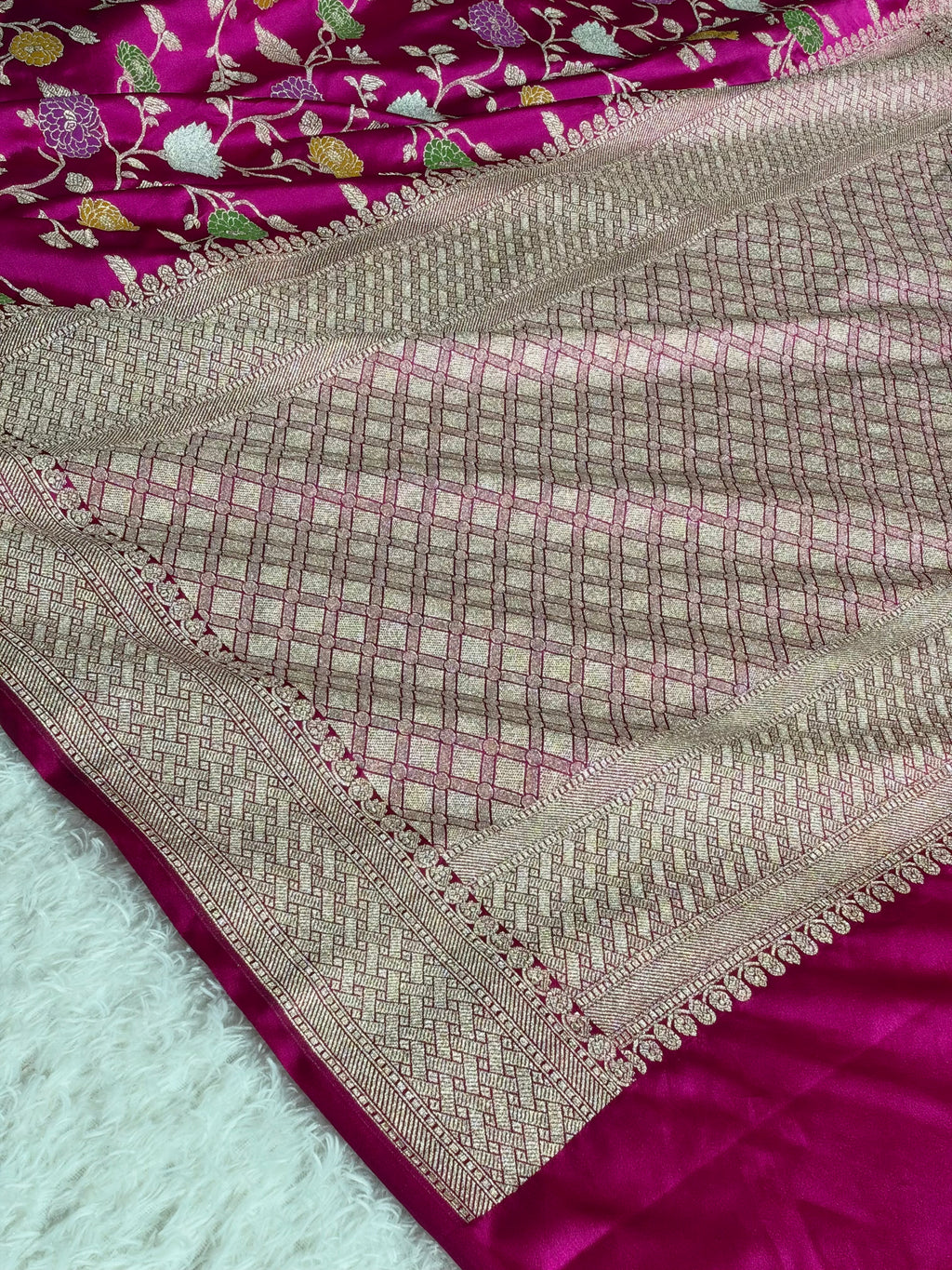 Banarasi Mashru Kataan Silk Rani Pink Jaal Meenakari Saree | Rich Zari Pallu | MKS862