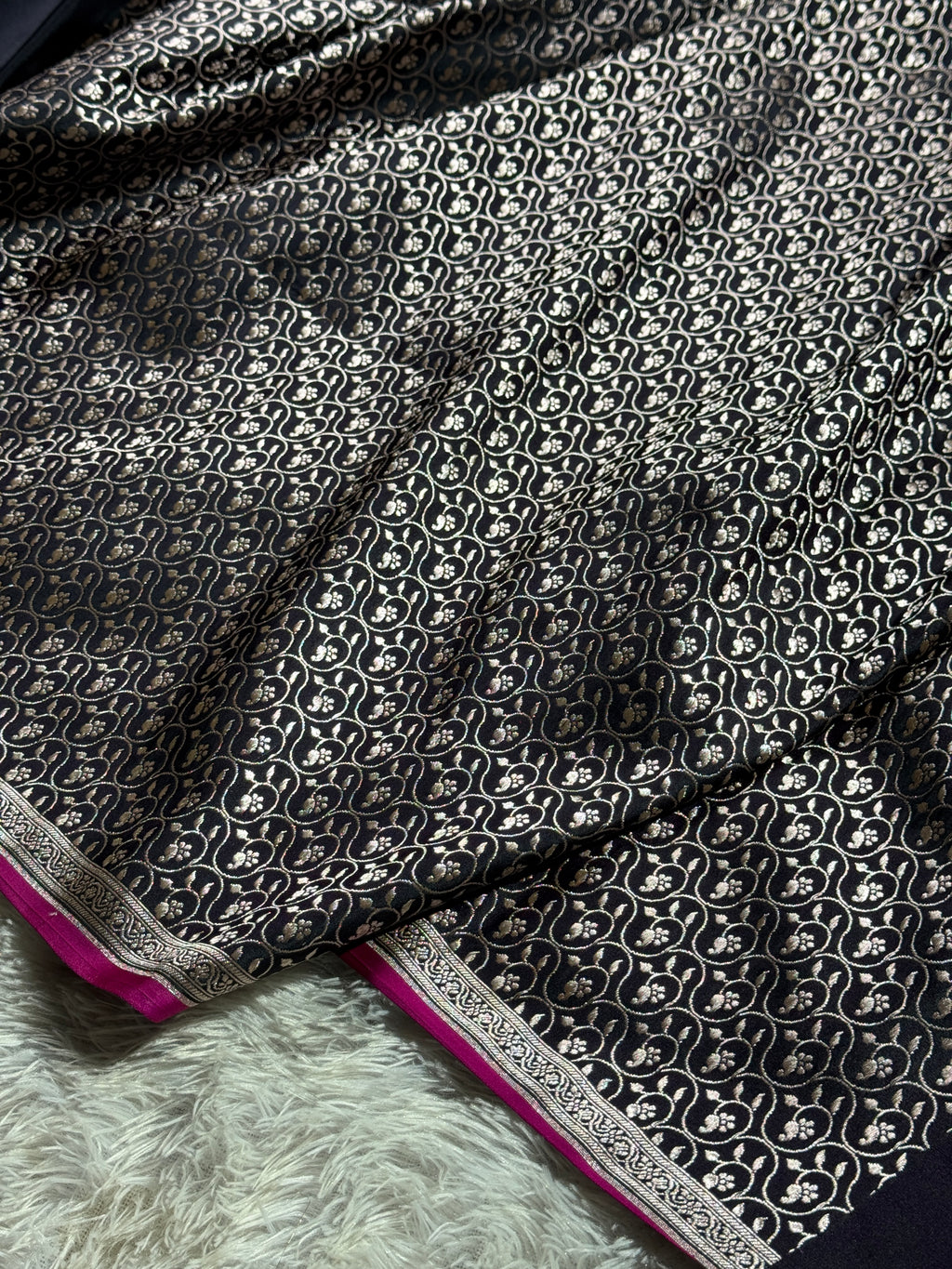 Black Premium Banarasi Mashru Silk Saree with Border & Pallu Meena Work MKS152