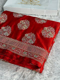 Pure Red Mashru Kataan Silk Banarasi Saree with Handwork & Diamond Work – MKS728