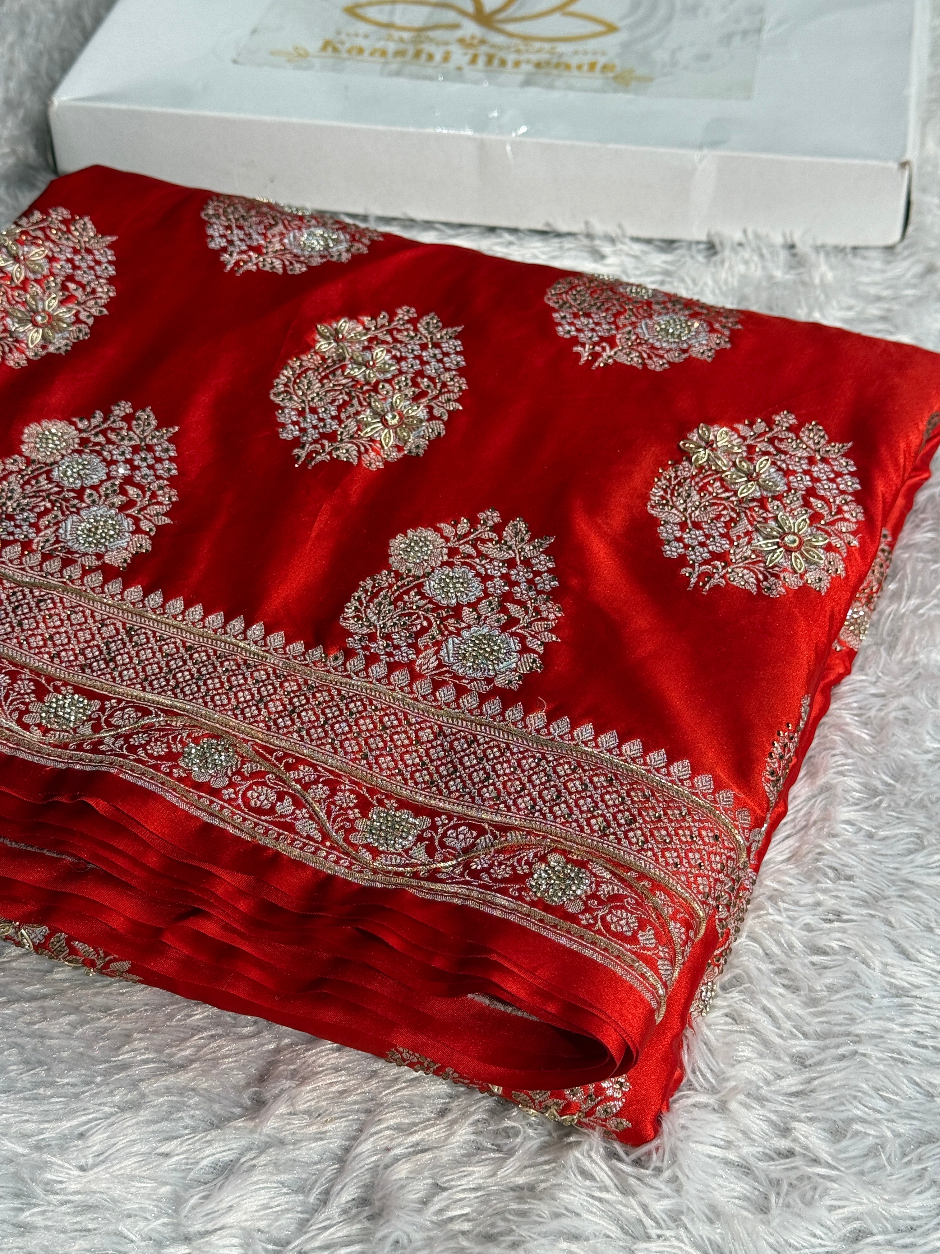 Pure Red Mashru Kataan Silk Banarasi Saree with Handwork & Diamond Work – MKS728