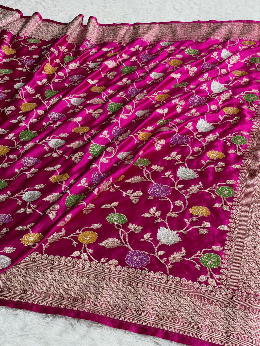 Banarasi Mashru Kataan Silk Rani Pink Jaal Meenakari Saree | Rich Zari Pallu | MKS862