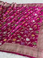 Banarasi Mashru Kataan Silk Rani Pink Jaal Meenakari Saree | Rich Zari Pallu | MKS862