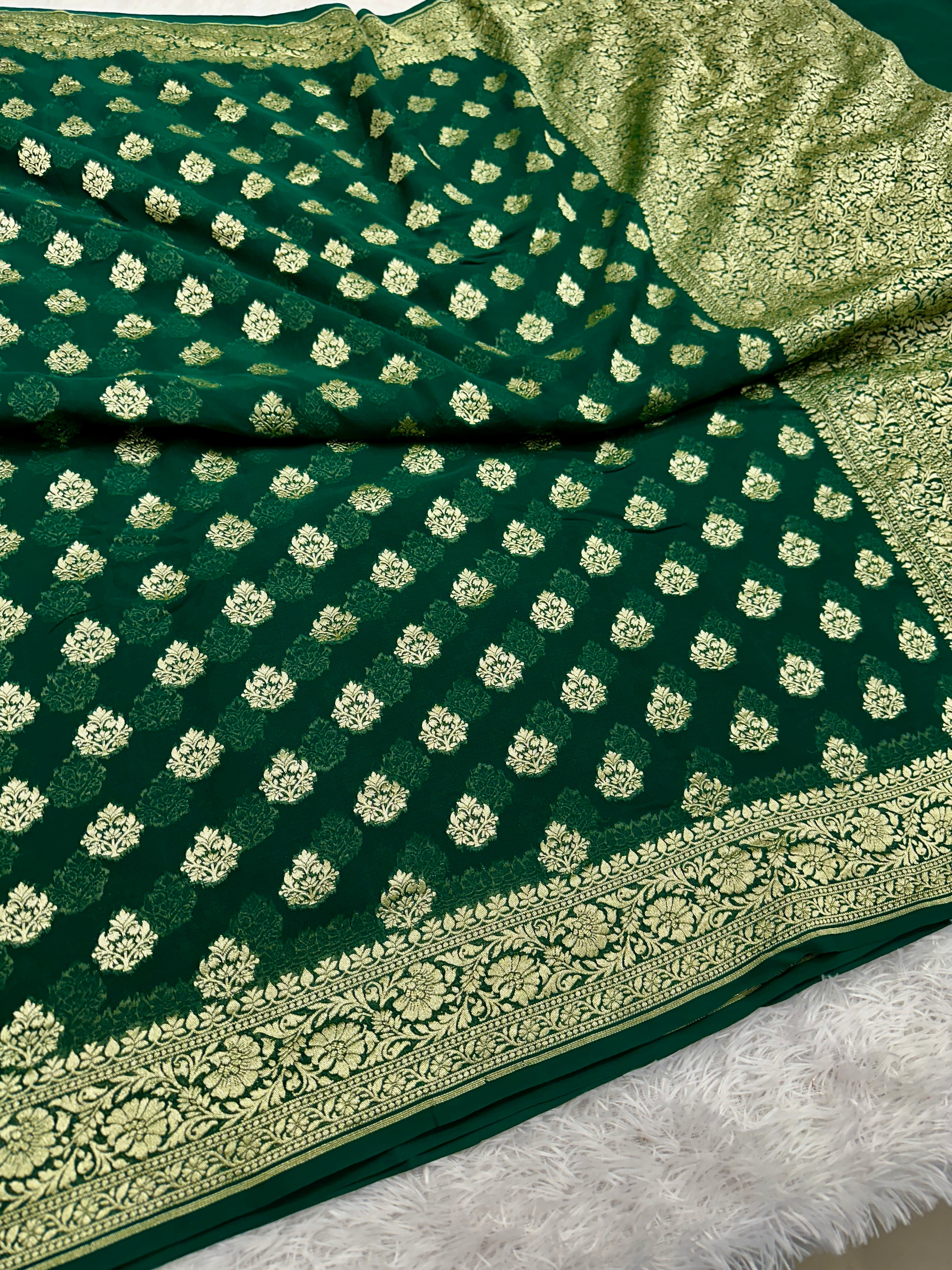 Green Pure Natural Silk Khaddi Georgette Saree with Buta Woven Design | PSG11