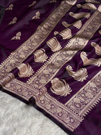 Banarasi Mashru Kataan Silk Saree Featuring Kyari Buta Woven Design with Rich Zari Pallu – MKS413