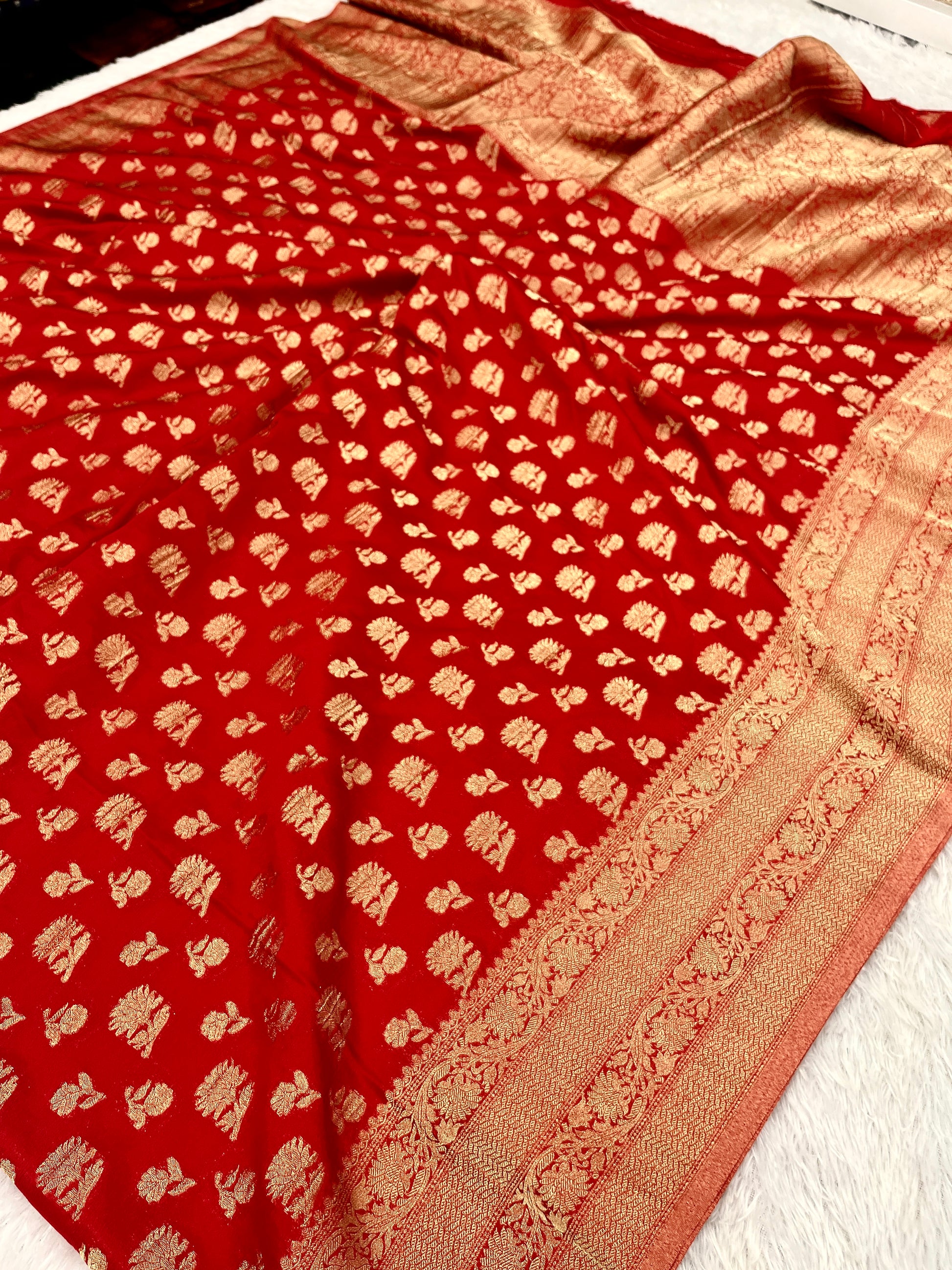Chinon Silk Big small Buta  Design Red Color Saree CN06