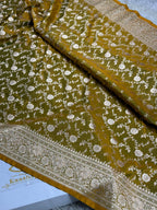 Mehandi Yellow Jangla Woven Mashru Kataan Silk Banarasi Saree with Rich Jacquard Pallu – MKS501 | Kaashi Threads
