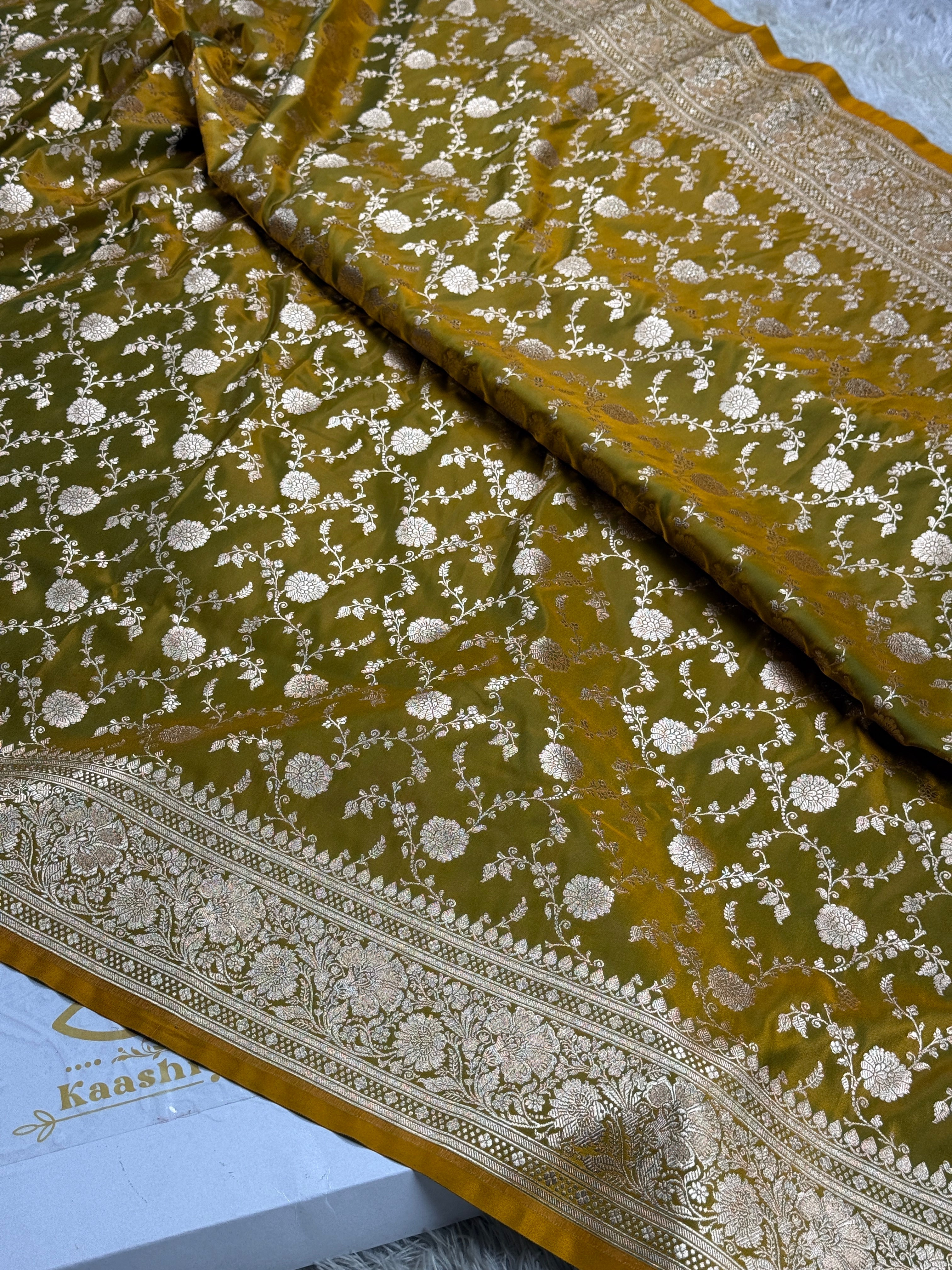 Mehandi Yellow Jangla Woven Mashru Kataan Silk Banarasi Saree with Rich Jacquard Pallu – MKS501 | Kaashi Threads