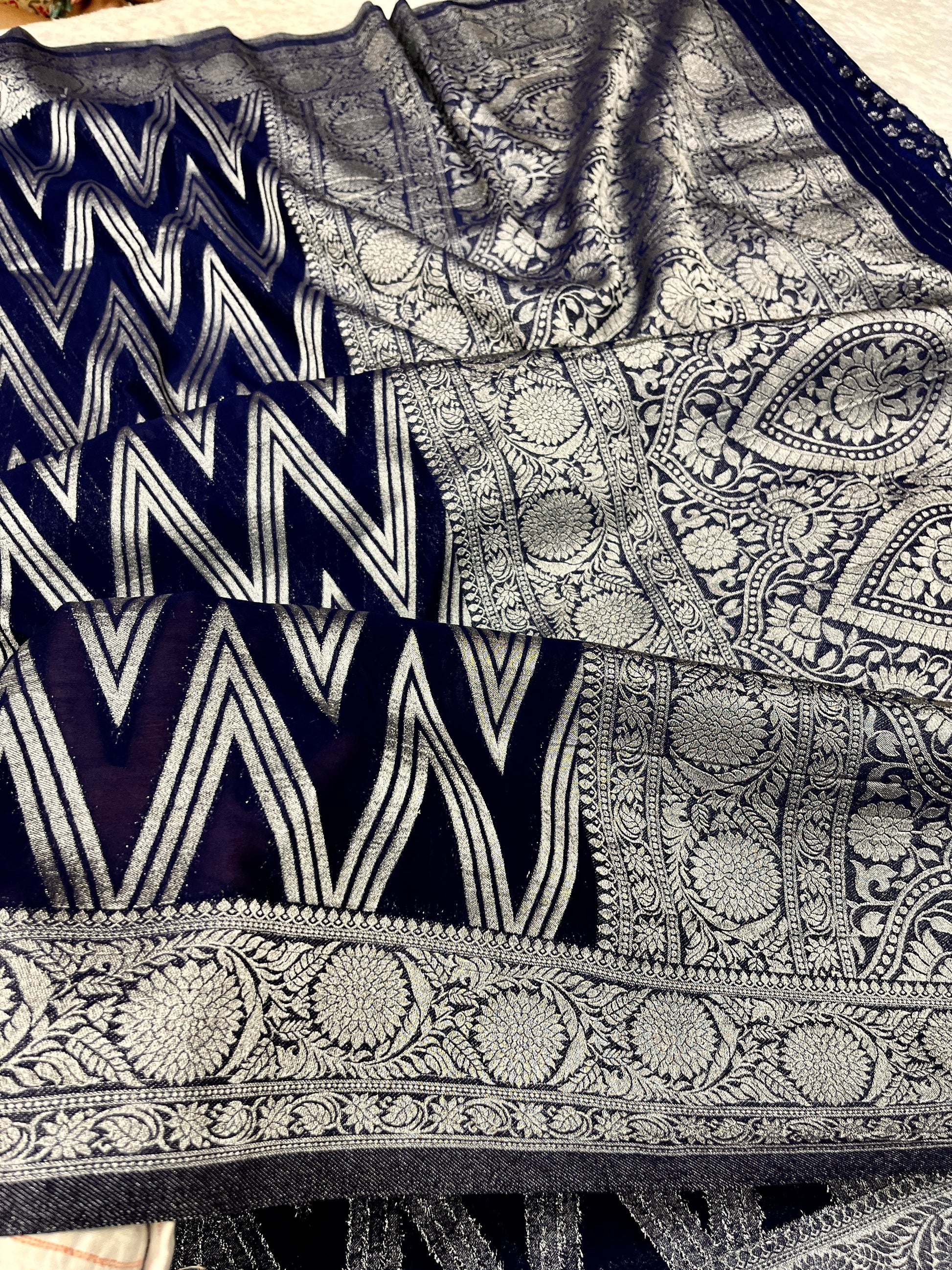 Chinon Silk Zig Zag Design Navy blue Color Saree CN09