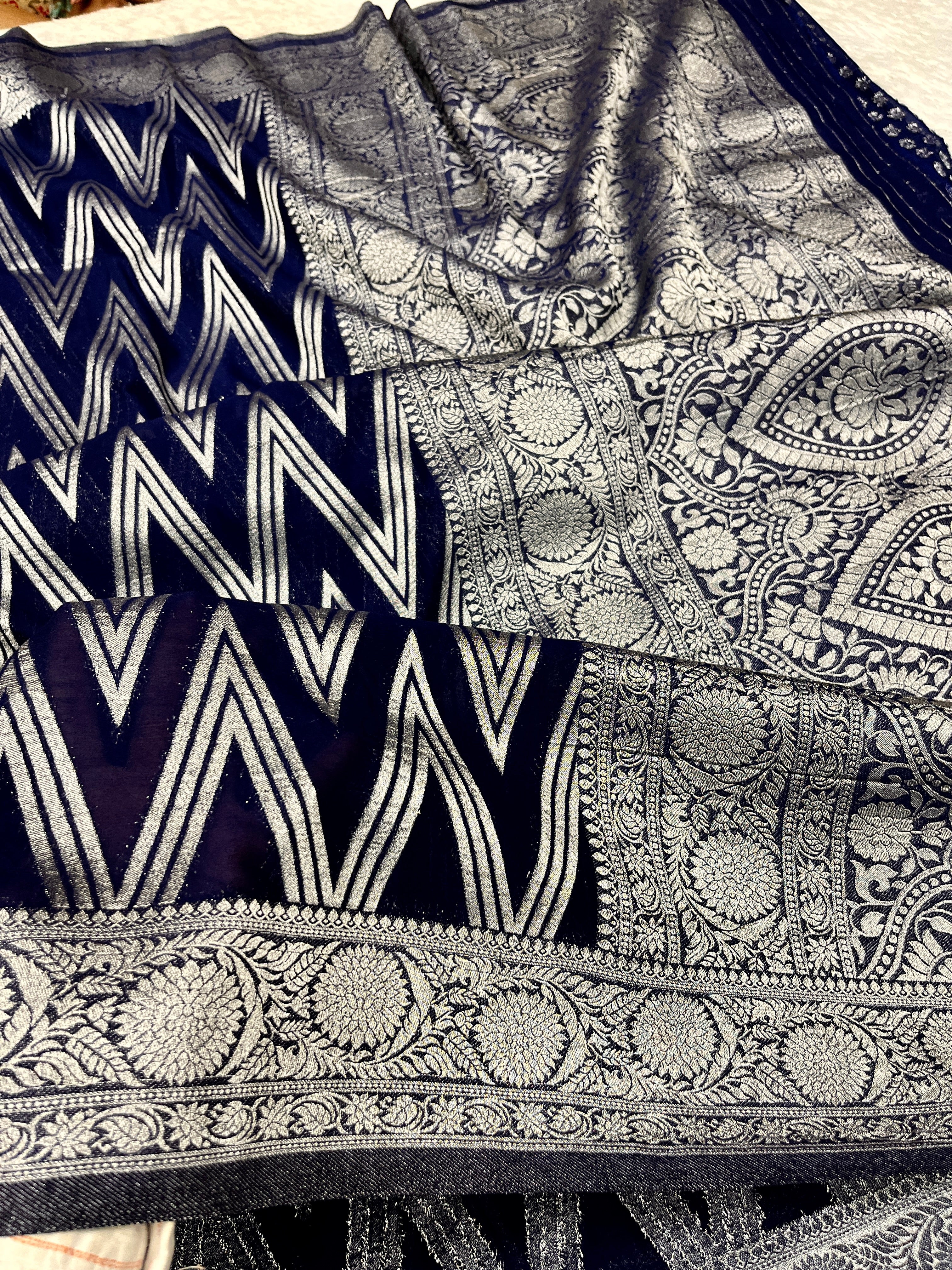Chinon Silk Zig Zag Design Navy blue Color Saree CN09