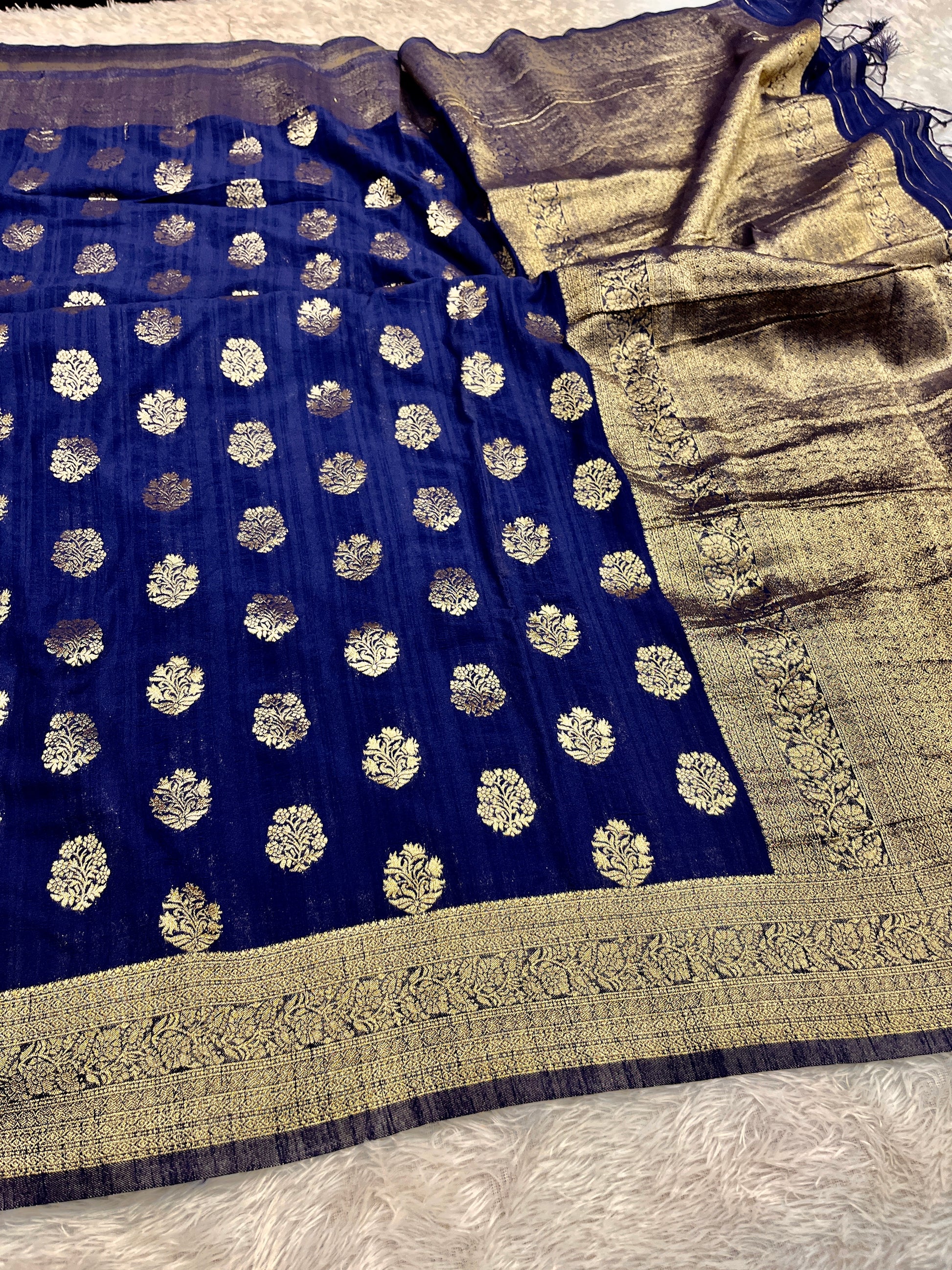 Raw Silk Zari Butaa  Navy blue color  Saree RS004
