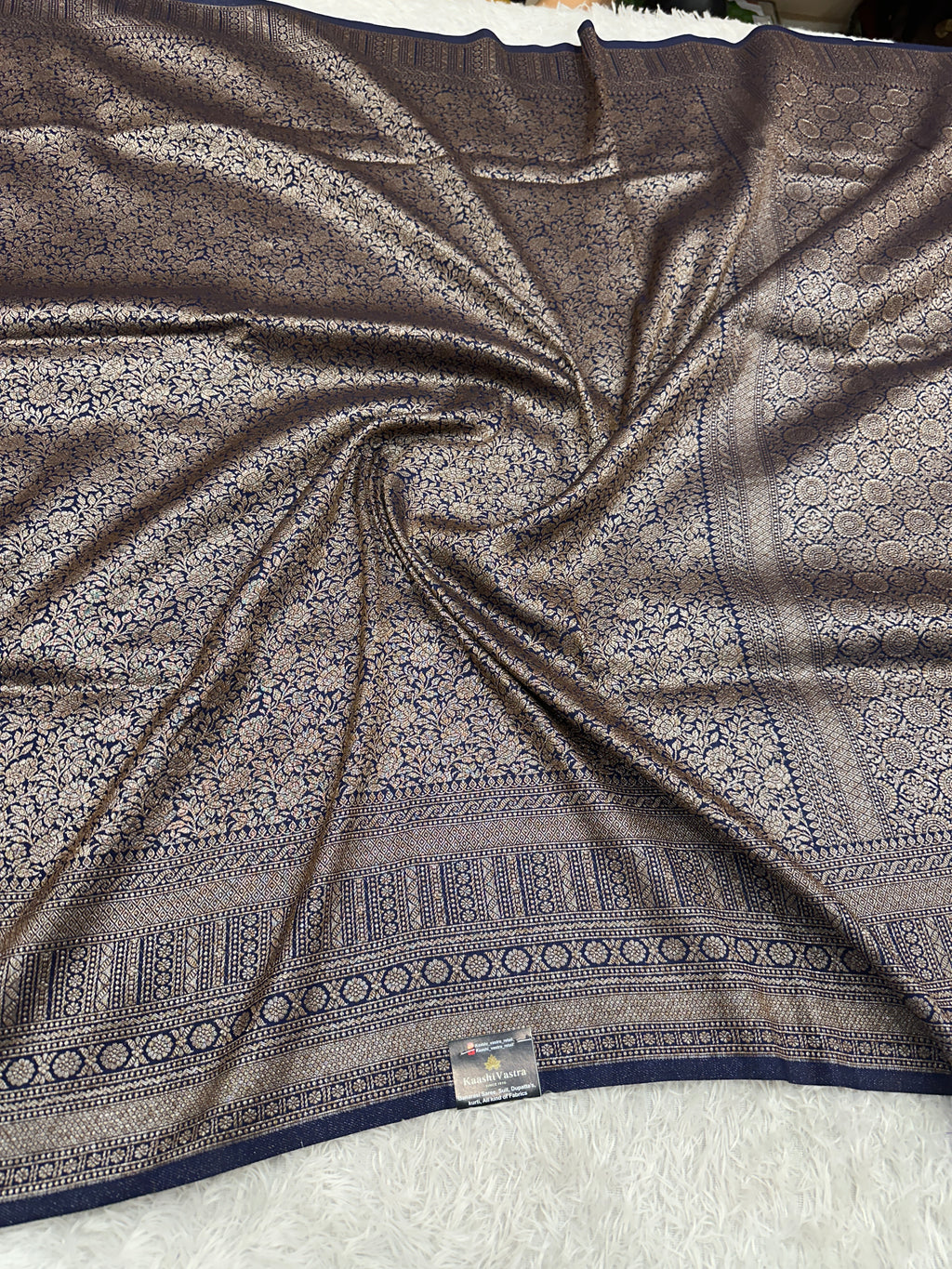 Navy Blue Banarasi Dupion Silk Saree with Embossed Antique Zari Weaving & Rich Antique Zari Pallu | STF87