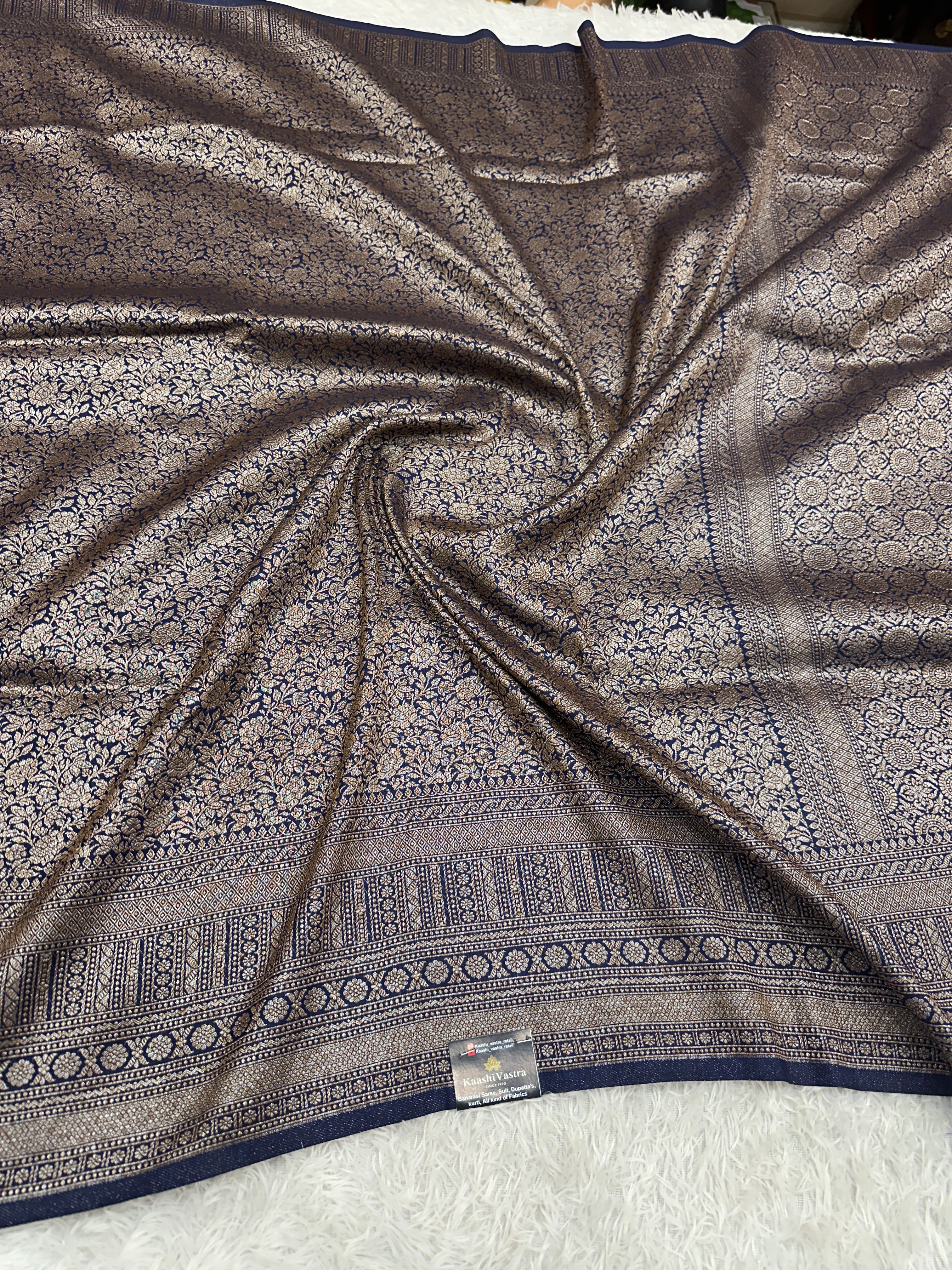 Navy Blue Banarasi Dupion Silk Saree with Embossed Antique Zari Weaving & Rich Antique Zari Pallu | STF87