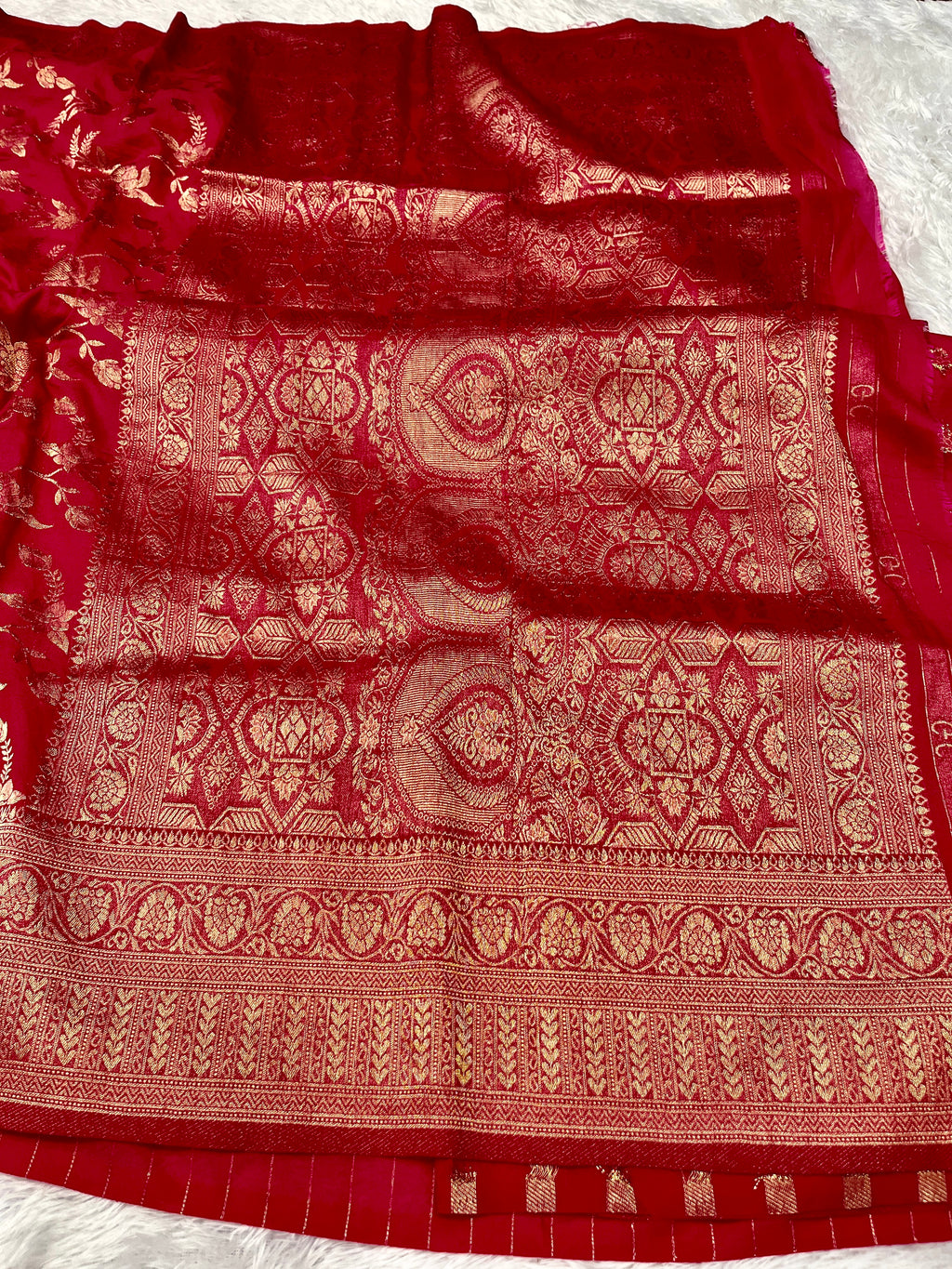 Chinon Silk Jaal Design Rani Color Saree CN03