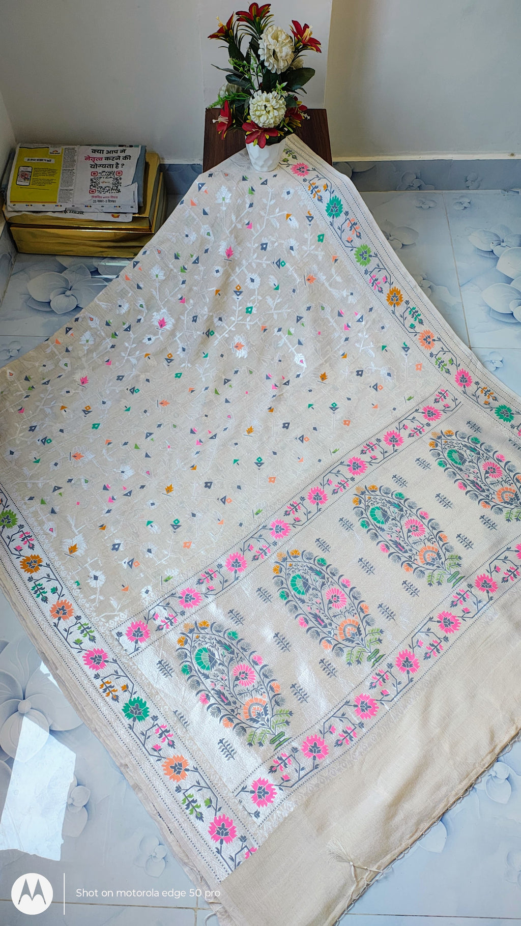 Pure Silk Tussar Banarasi Saree with All-over Meenakari Jaal Woven Pattern TSS12