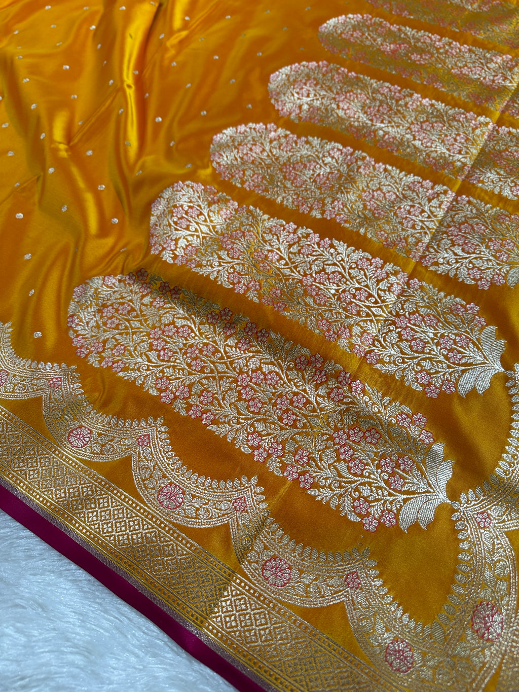 Yellow Banarasi Mashru Silk Saree with Dot Buti Weaving & Fancy Jacquard Border MKS104