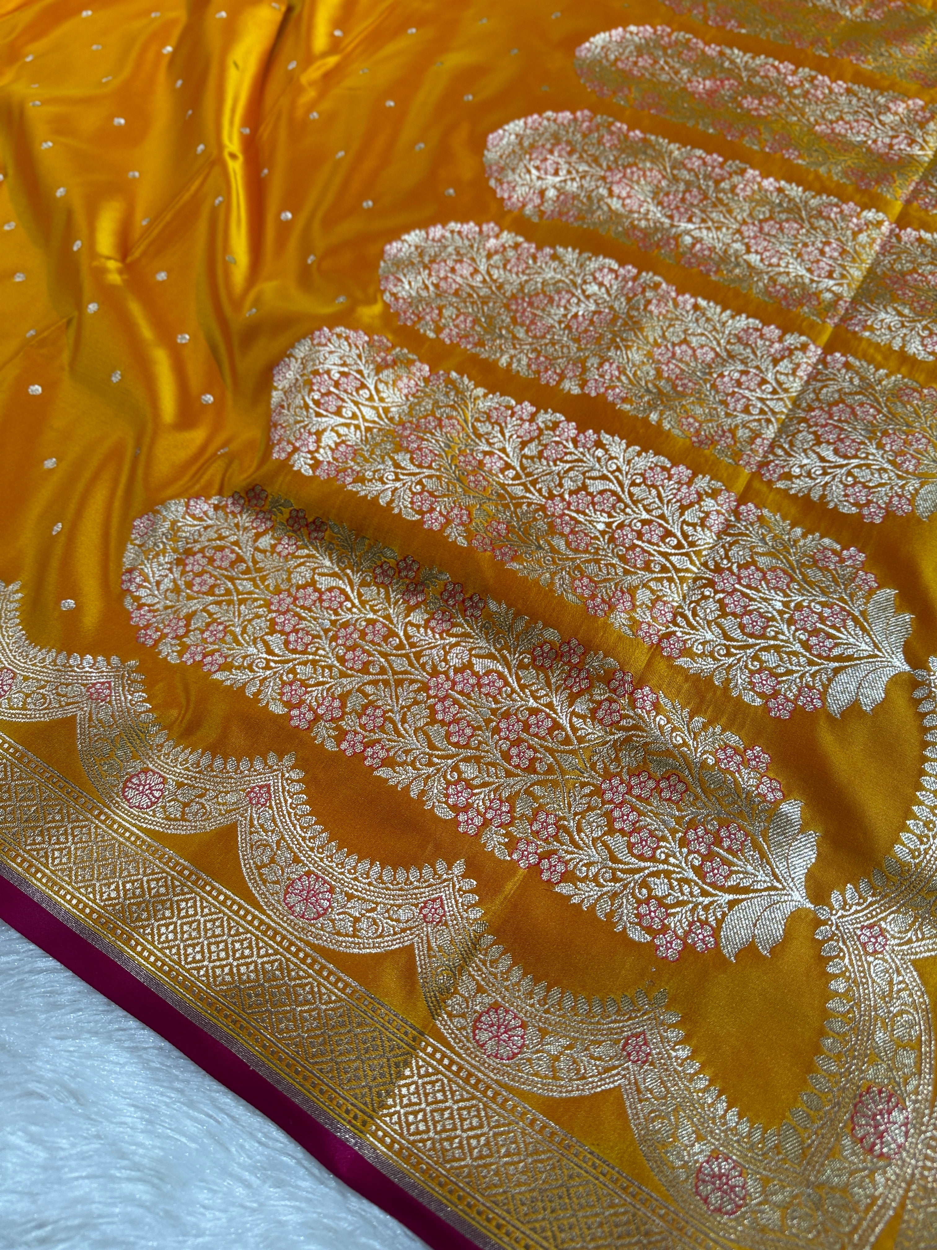 Yellow Banarasi Mashru Silk Saree with Dot Buti Weaving & Fancy Jacquard Border MKS104