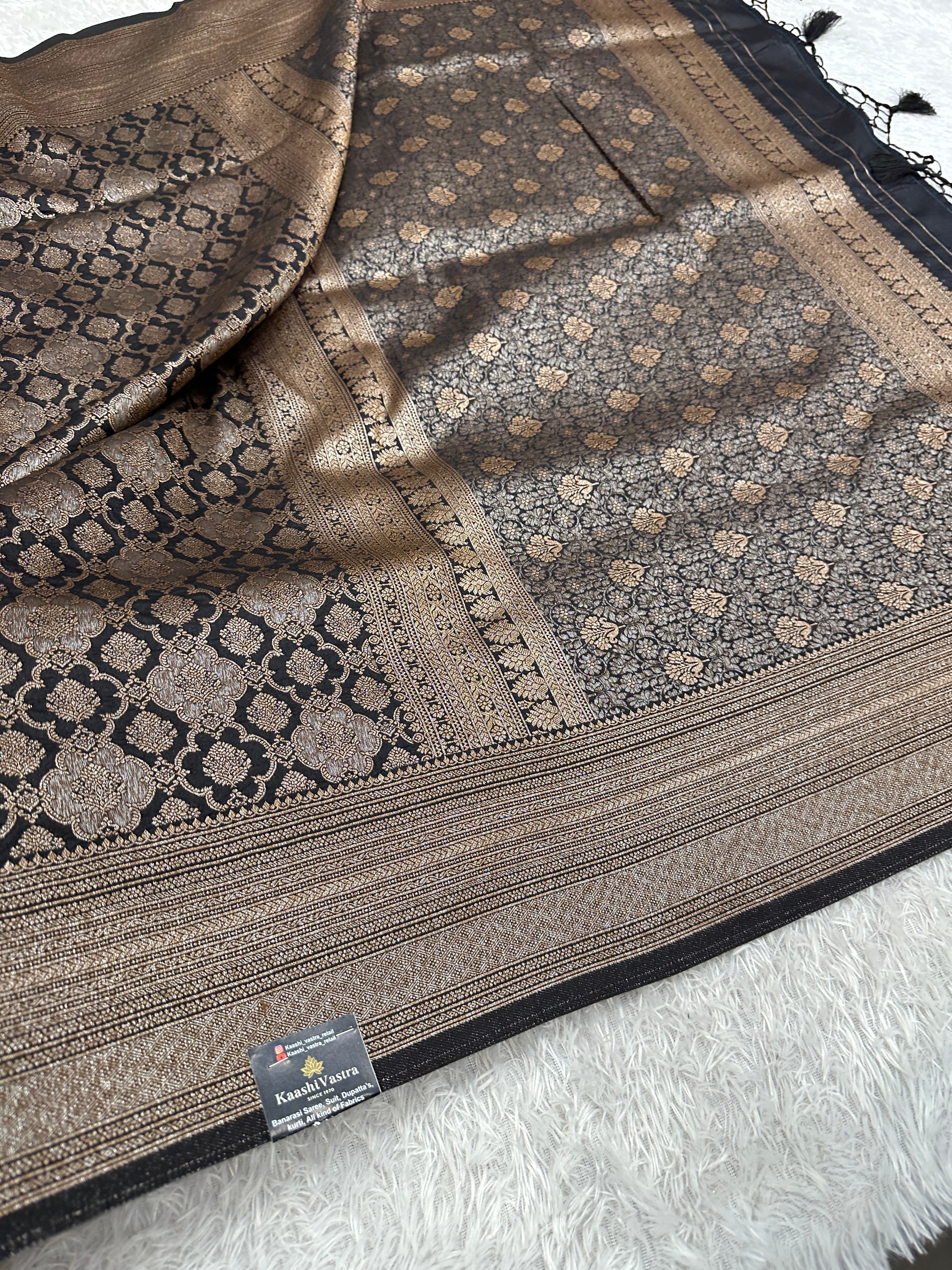 Black Banarasi Dupion Silk Saree with Embossed Antique Zari Weaving & Rich Antique Zari Pallu | STF100