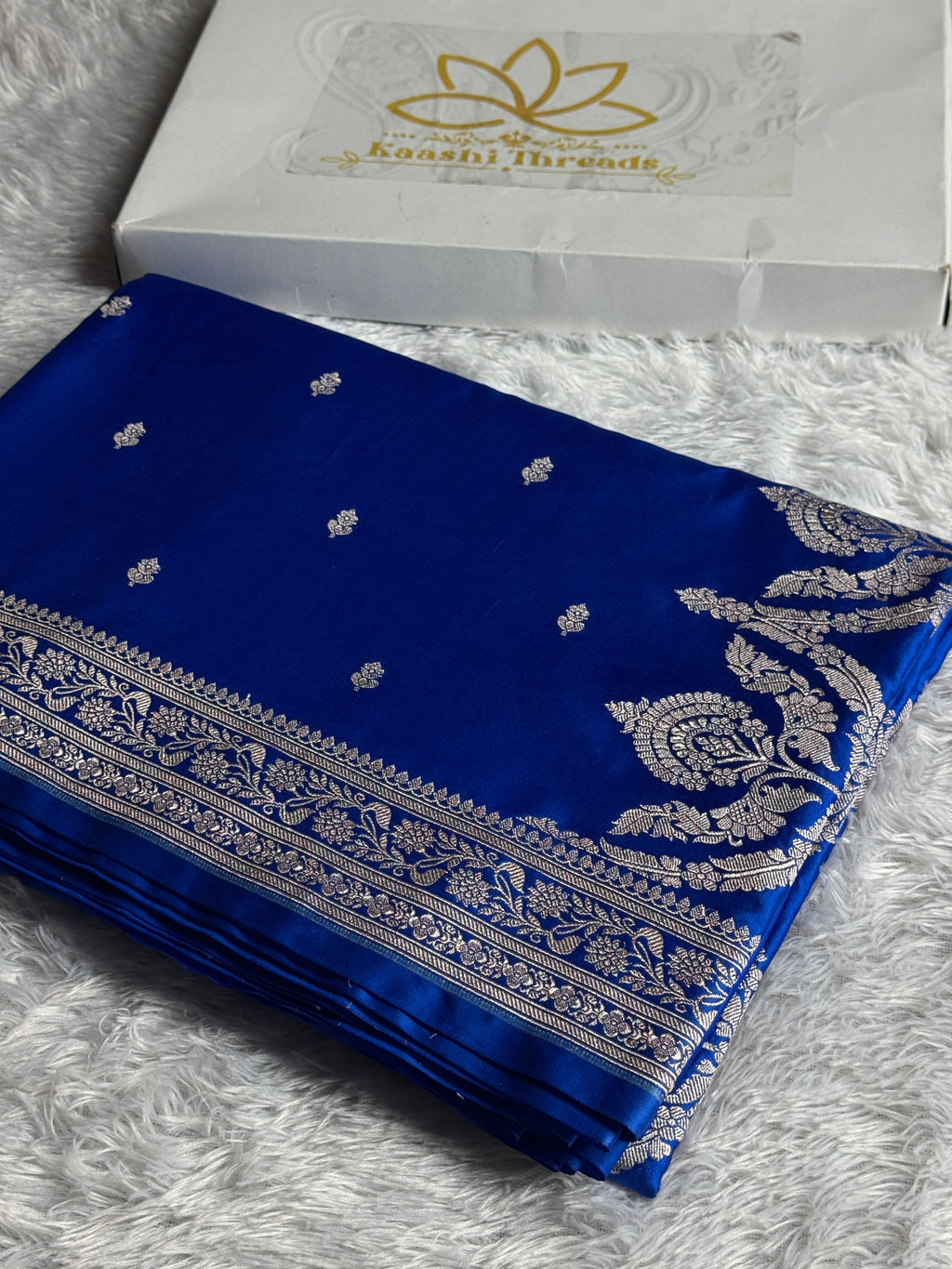 Royal Blue Fancy Buti Banarasi Mashru Silk Saree | Satin Mashru Silk | Kaashi Threads | MKS515