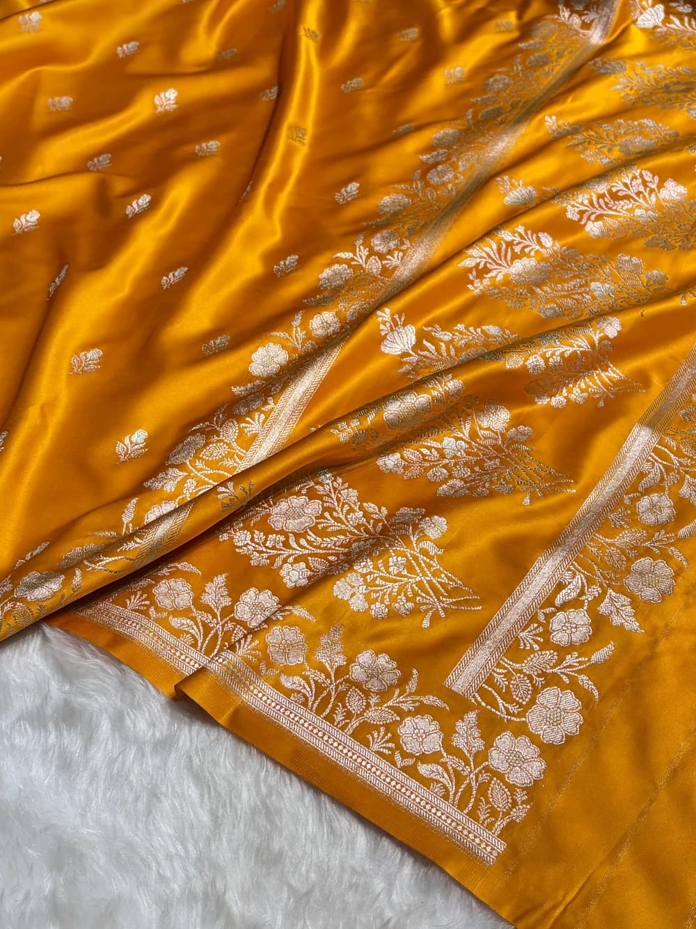 Banarasi Mashru Kataan Silk Saree Featuring Zari Rose Buta Design with Rich Zari Pallu – MKS412