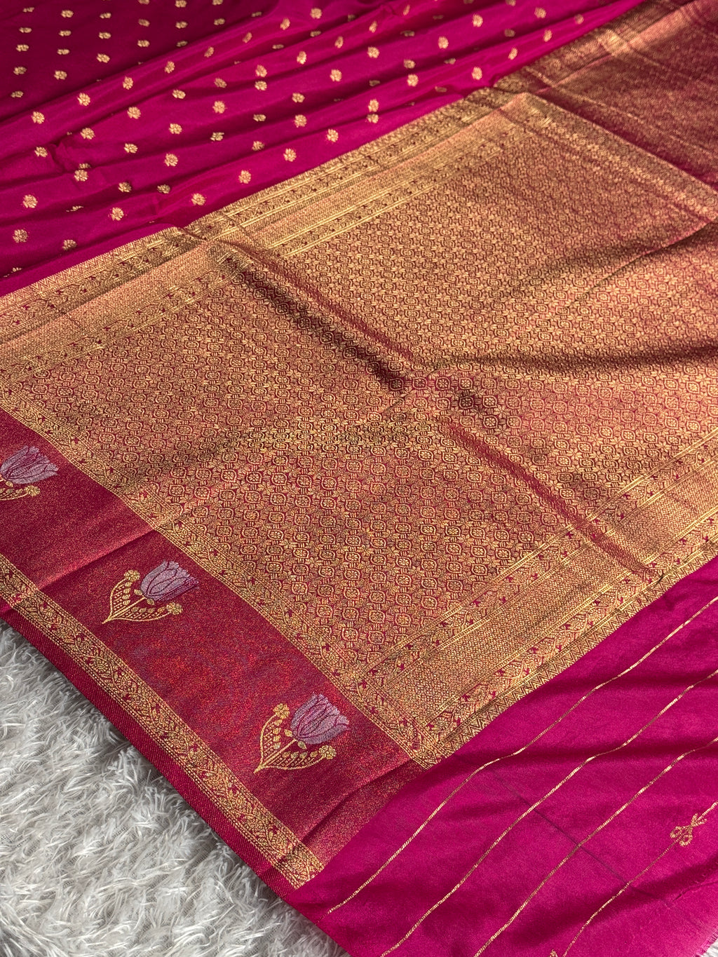 Product Title:
Rani Pink Semi Crepe Georgette Saree with All Over Buta Woven Design & Rich Zari Pallu | SS52
