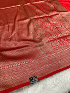 Red Banarasi Dupion Silk Saree with Embossed Antique Zari Weaving & Rich Antique Zari Pallu | STF95