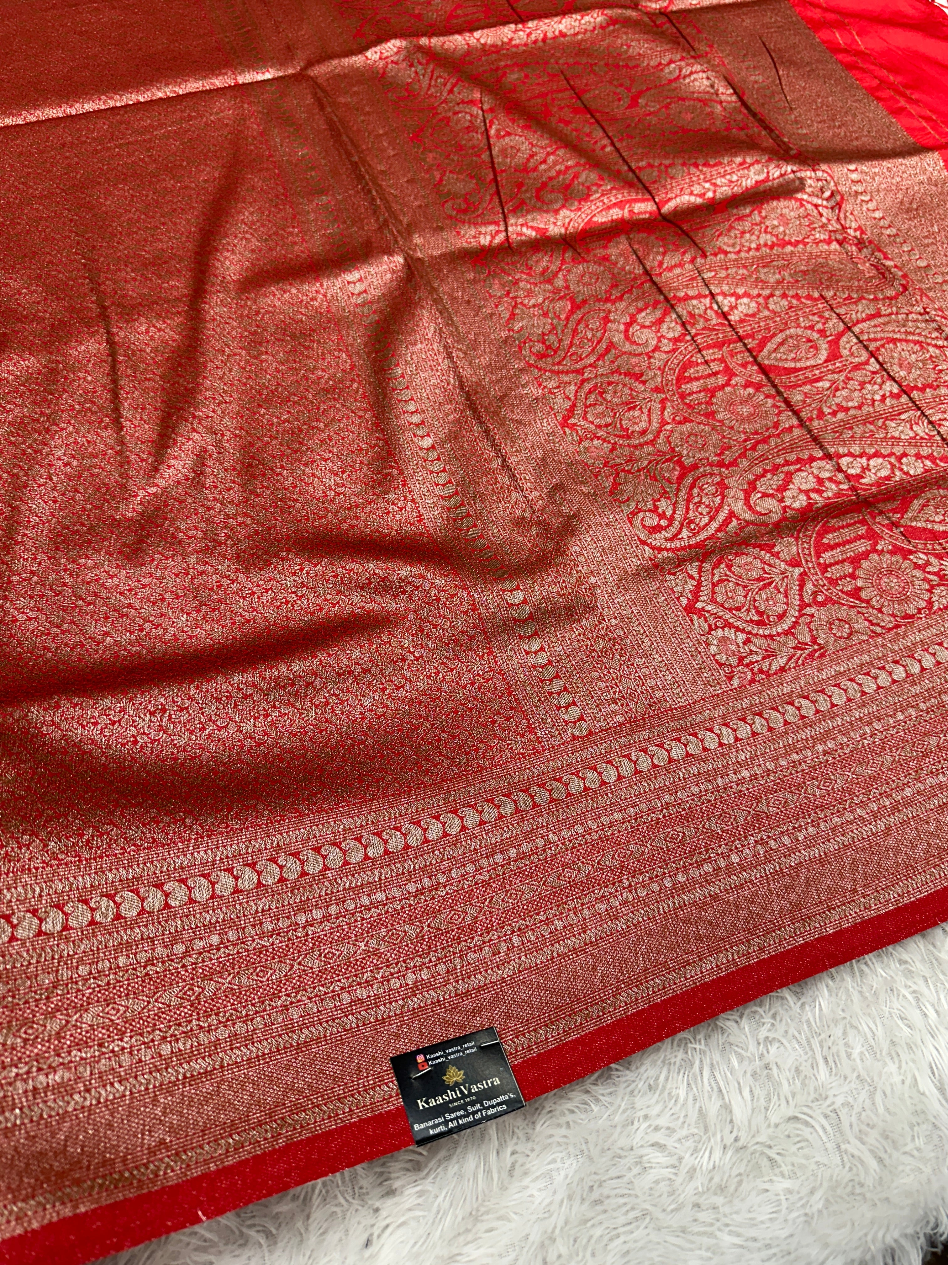 Red Banarasi Dupion Silk Saree with Embossed Antique Zari Weaving & Rich Antique Zari Pallu | STF95